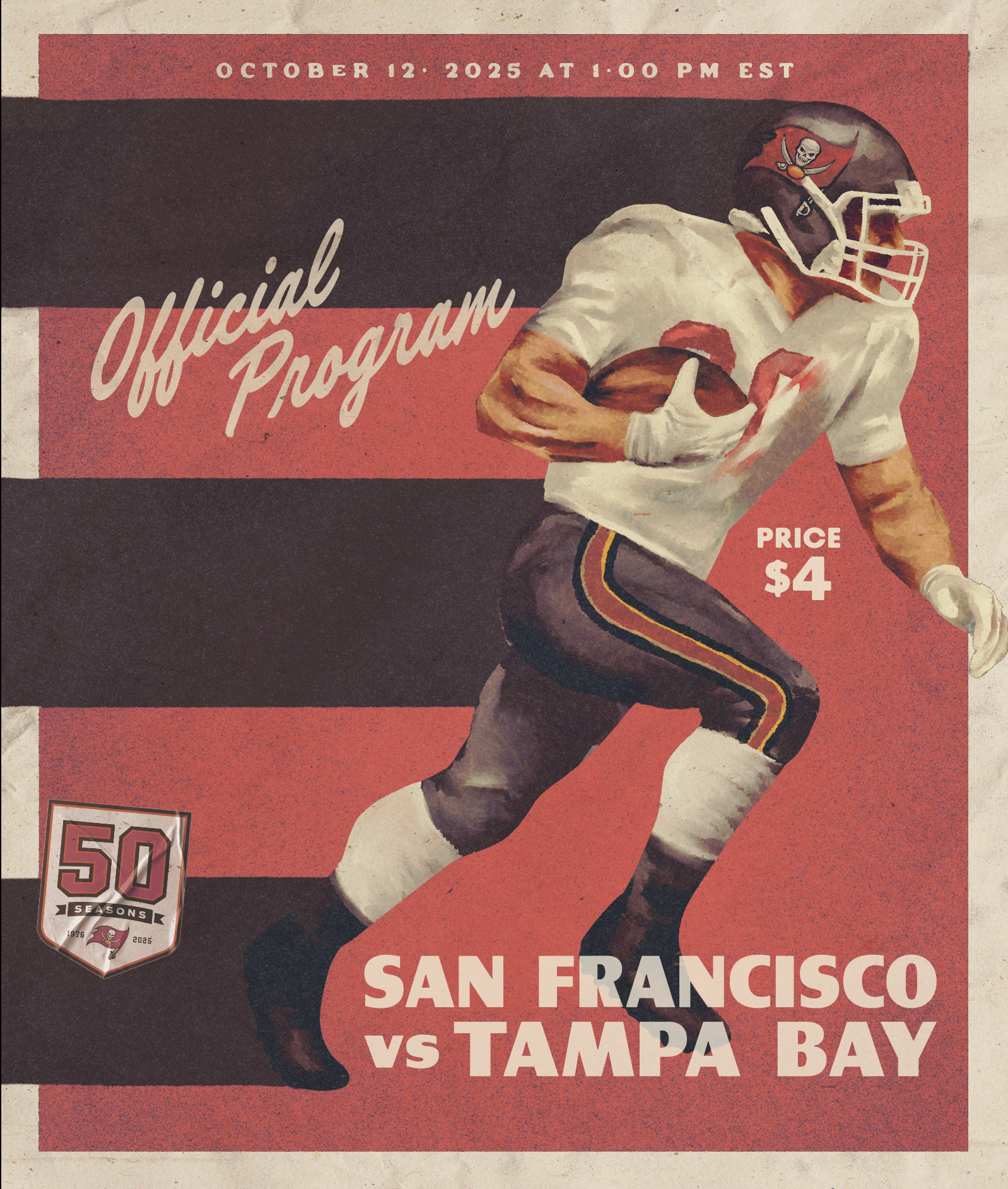 A vintage-style poster advertising a football game between San Francisco and Tampa Bay on October 12, 2025, at 1:00 PM EST, featuring a player in a Tampa Bay Buccaneers uniform holding a football, with ticket price of $4 and a 50-season logo.