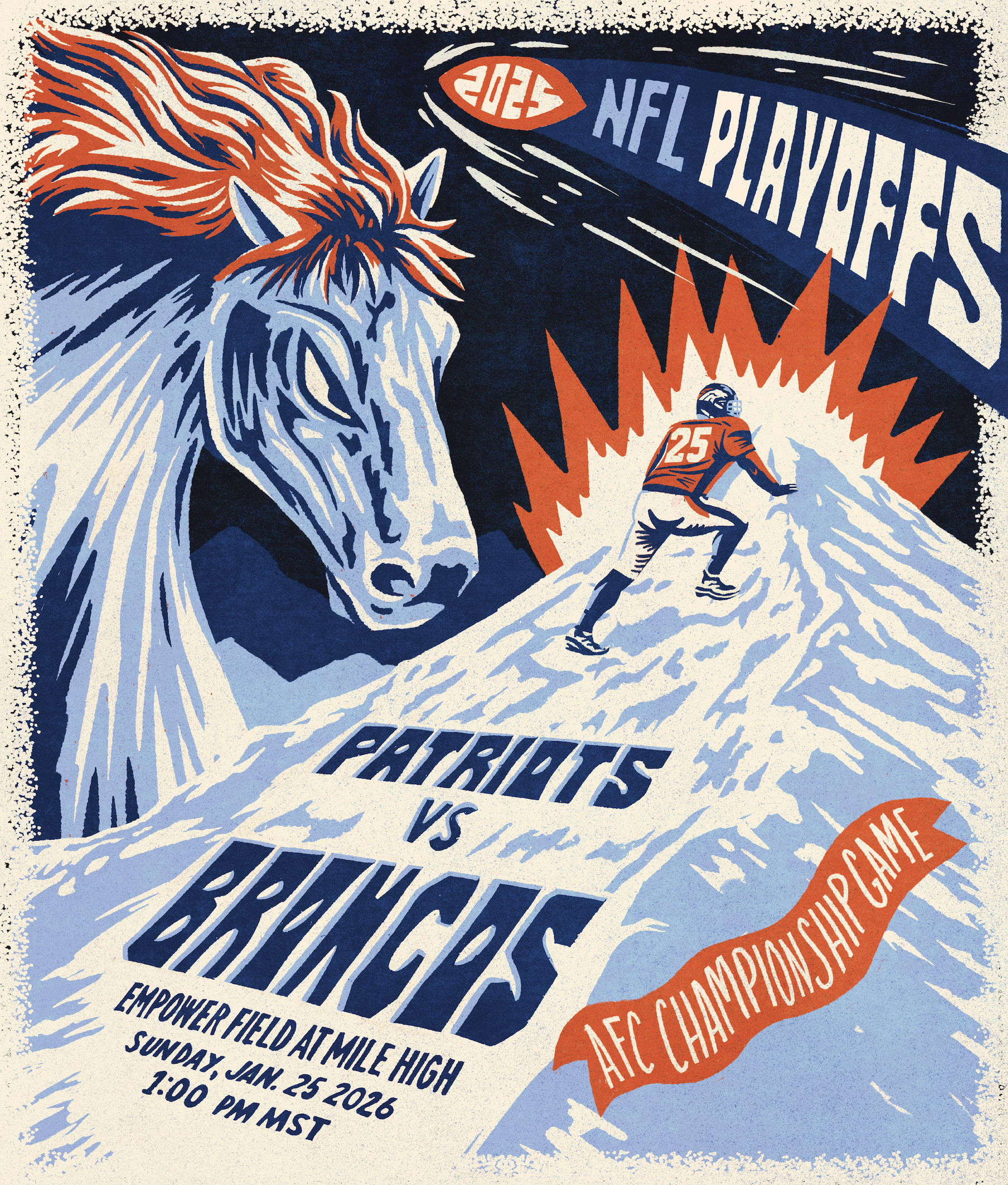 Vintage-style poster for AFC Championship Game between Patriots and Brains at Empower Field at Mile High on January 25, 2026, featuring a large horse head and a football player running up a mountain with an explosion behind him.