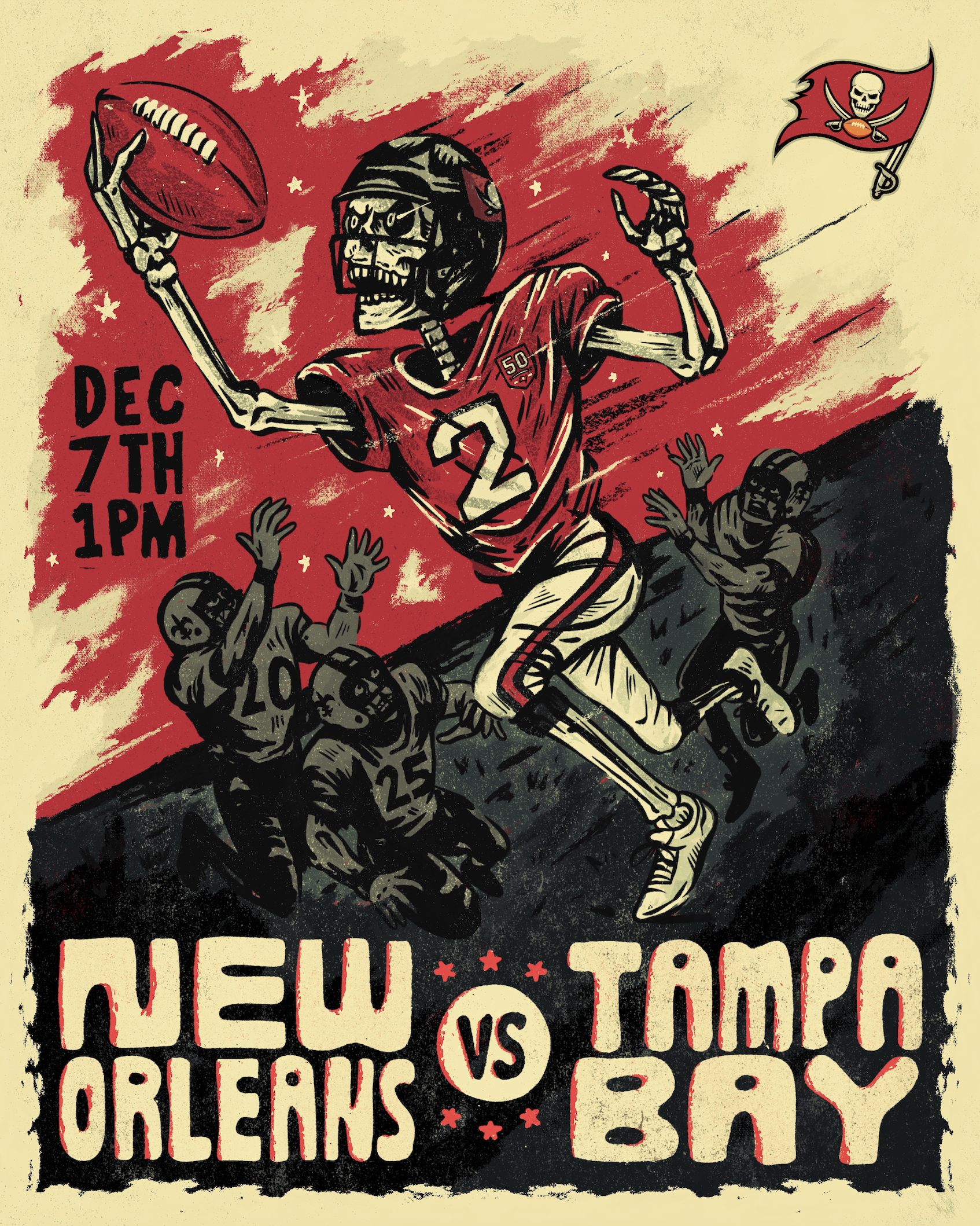 A zombie football player with a skeleton-like appearance, wearing a red jersey with the number 2, is running with a football while three football players in black jerseys with numbers 10, 25, and 8 reach out in front of him. The background features a