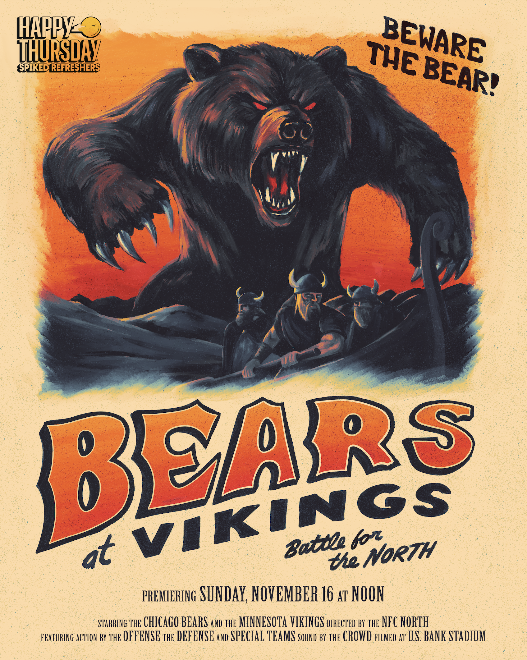 Vintage-style poster for a football game between the Chicago Bears and Minnesota Vikings, featuring a large, fierce bear with bared teeth and red eyes and Viking players in helmets with horns, with text announcing the game on Sunday, November 16.