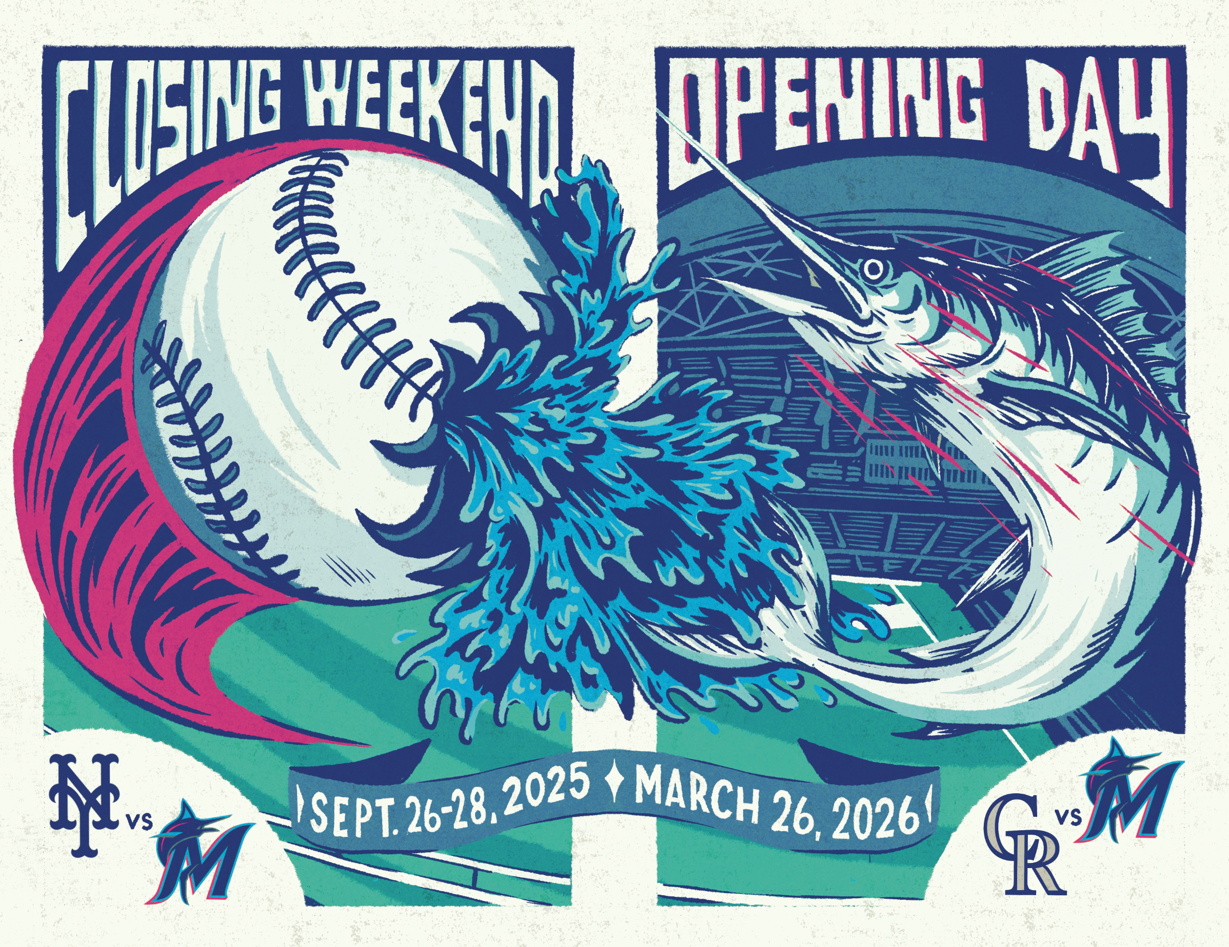 Promotional graphic with baseball theme for the New York Mets, featuring a baseball and a marlin, announcing the Mets' 2025 season from September 26-28, 2025, and their 2026 season opening on March 26, 2026, with team logos and stylized text.