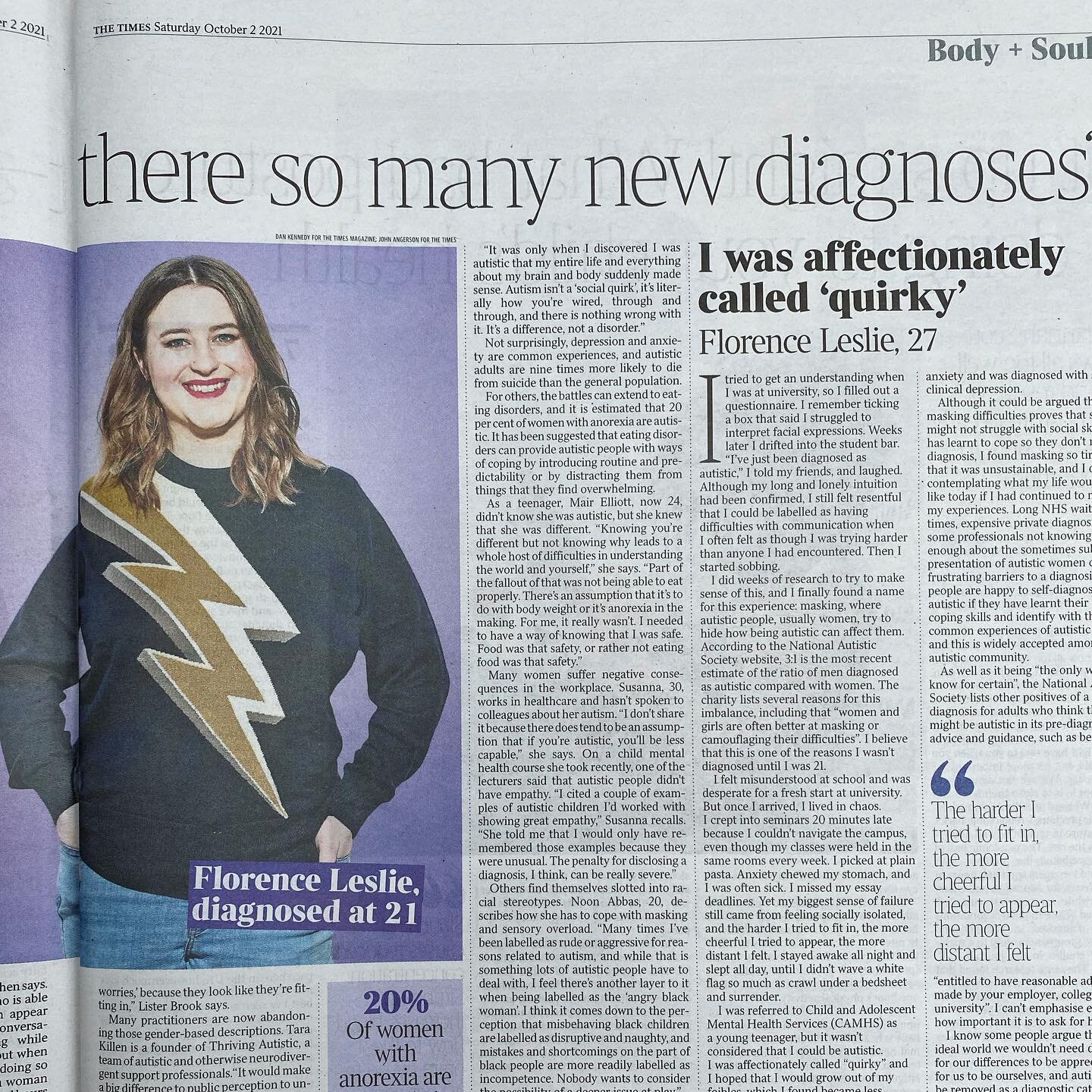 I&rsquo;m in @thetimes today talking about the journey to my autism diagnosis, the serious impact women and girls masking their autism can have on their mental health, and why a diagnosis can make such a positive impact on people&rsquo;s lives. Durin