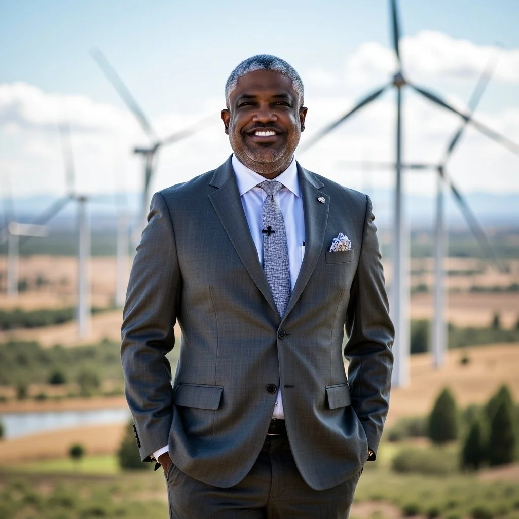 A smiling man in a suit standing outdoors with wind turbines in the background.