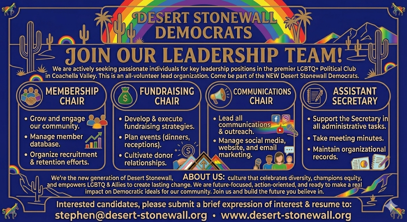 A colorful recruitment flyer for the Desert Stonewall Democrats features images of rainbows, cacti, mountains, and palm trees. It invites passionate individuals to join as leadership team members in various roles, including Membership Chair, Fundraising Chair, Communications Chair, and Assistant Secretary. The flyer emphasizes diversity, community engagement, and political activism, providing contact information for interested candidates.