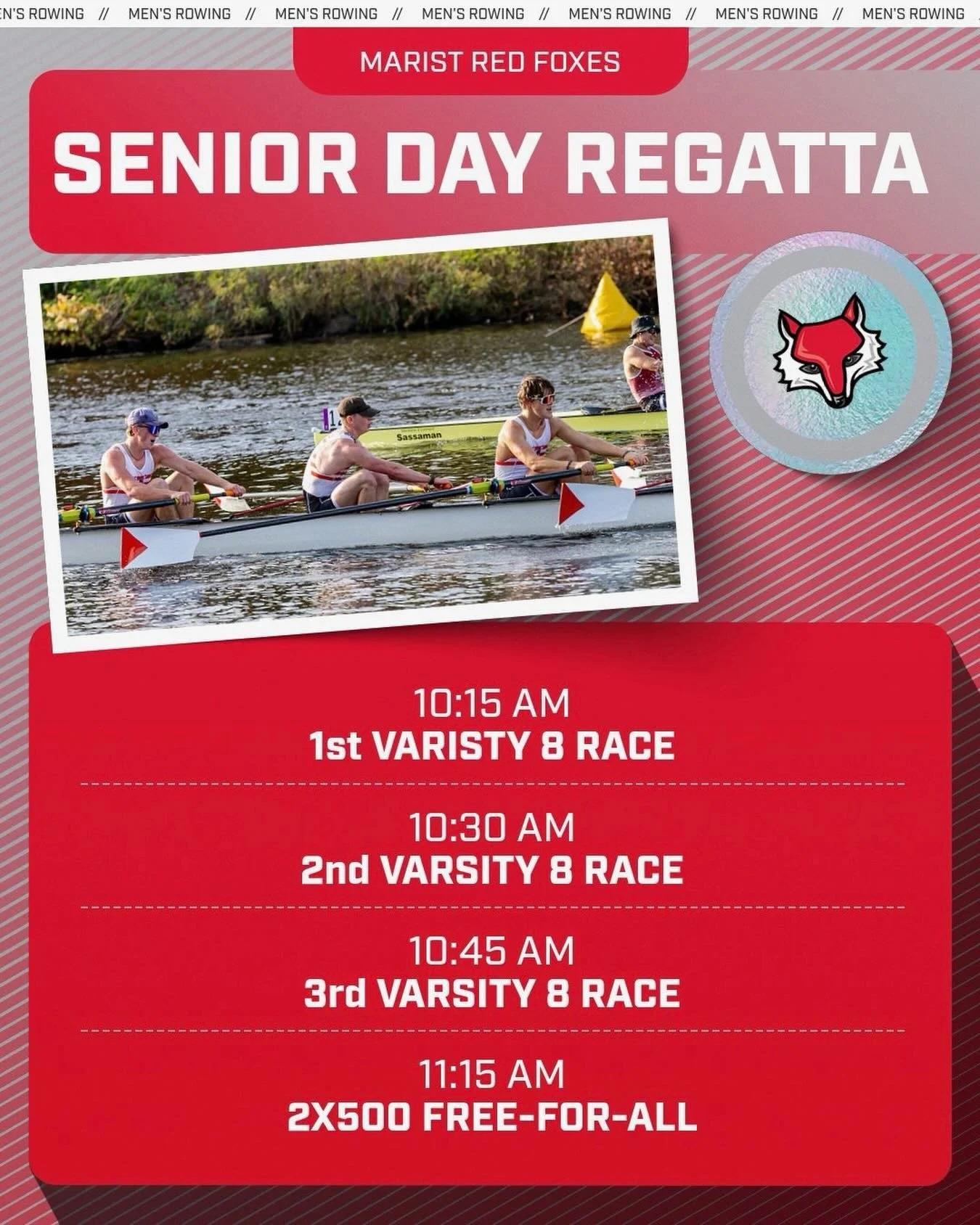The first home race in 7 years! The Red Foxes will be competing against the Fairfield Stags starting at 10:15 AM down at the river. The finish line is at the Marist Boathouse.
See you tomorrow!
#redfoxes #seniorday #rowing #marist
