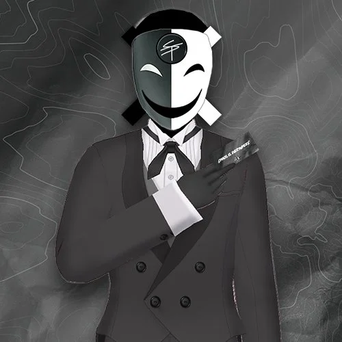 A person wearing a formal suit and tie, holding a cigar in one hand, with a stylized, smiling mask that covers their face, set against a dark, smoky background.