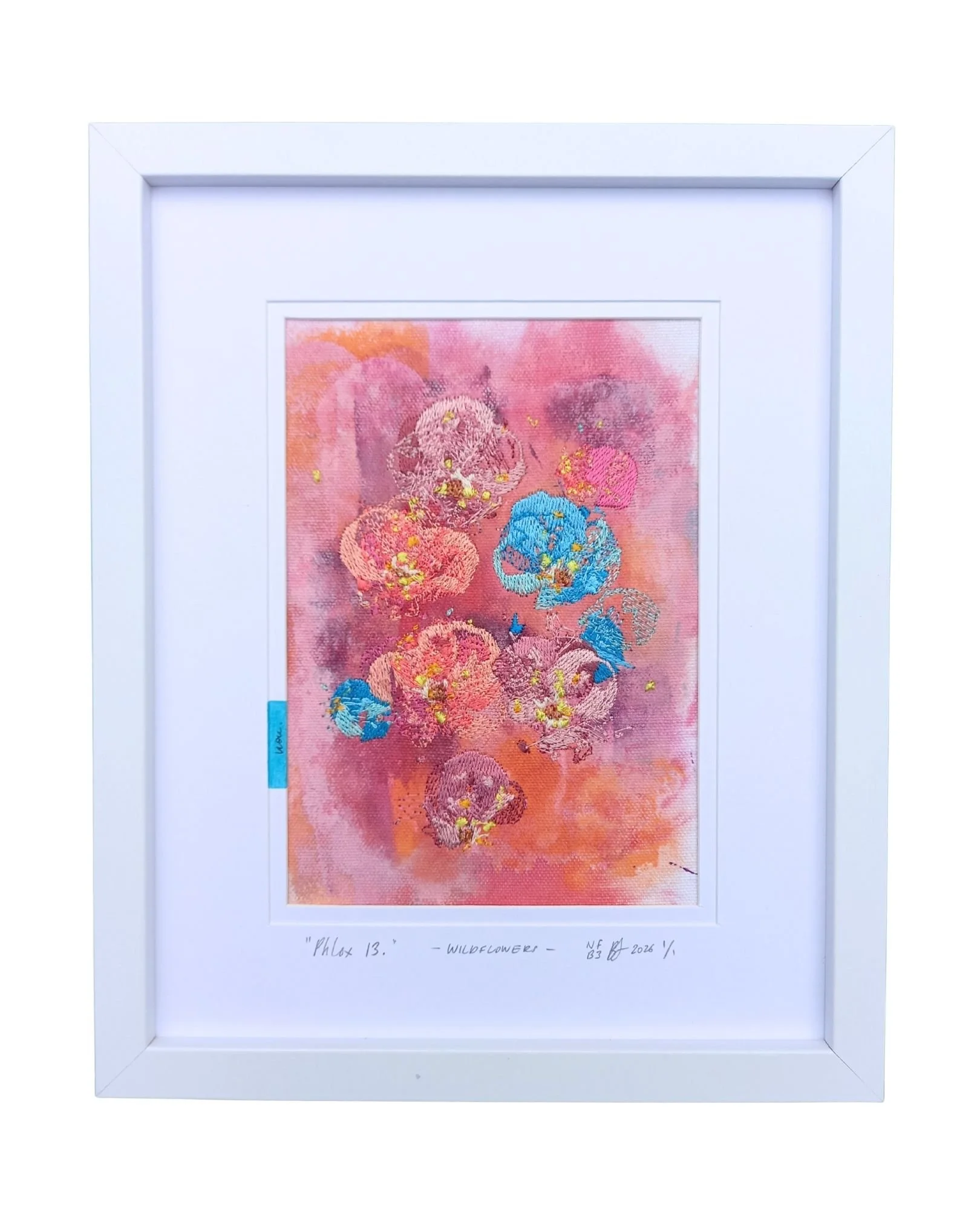 " Phlox 13 " - WILDFLOWERS.
not forgotten series / bloom three. 2026.
Acrylic paint, ink & embroidery on cotton. 225 mm x 275 mm
Edition 1/1 
$100