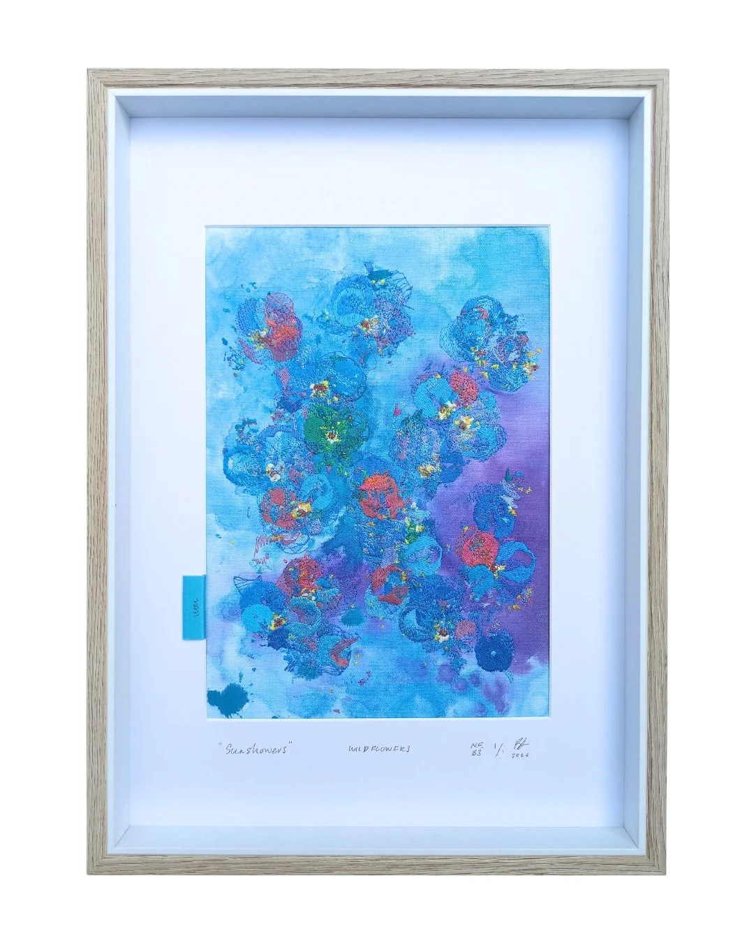 “Sunshowers” -
 WILDFLOWERS -
 not forgotten series / bloom three. 2026.
 Ink, cotton & polyester embroidery on cotton.
 Glass framed - 450 mm x 330 mm.
 Edition 1/1.
 $450.