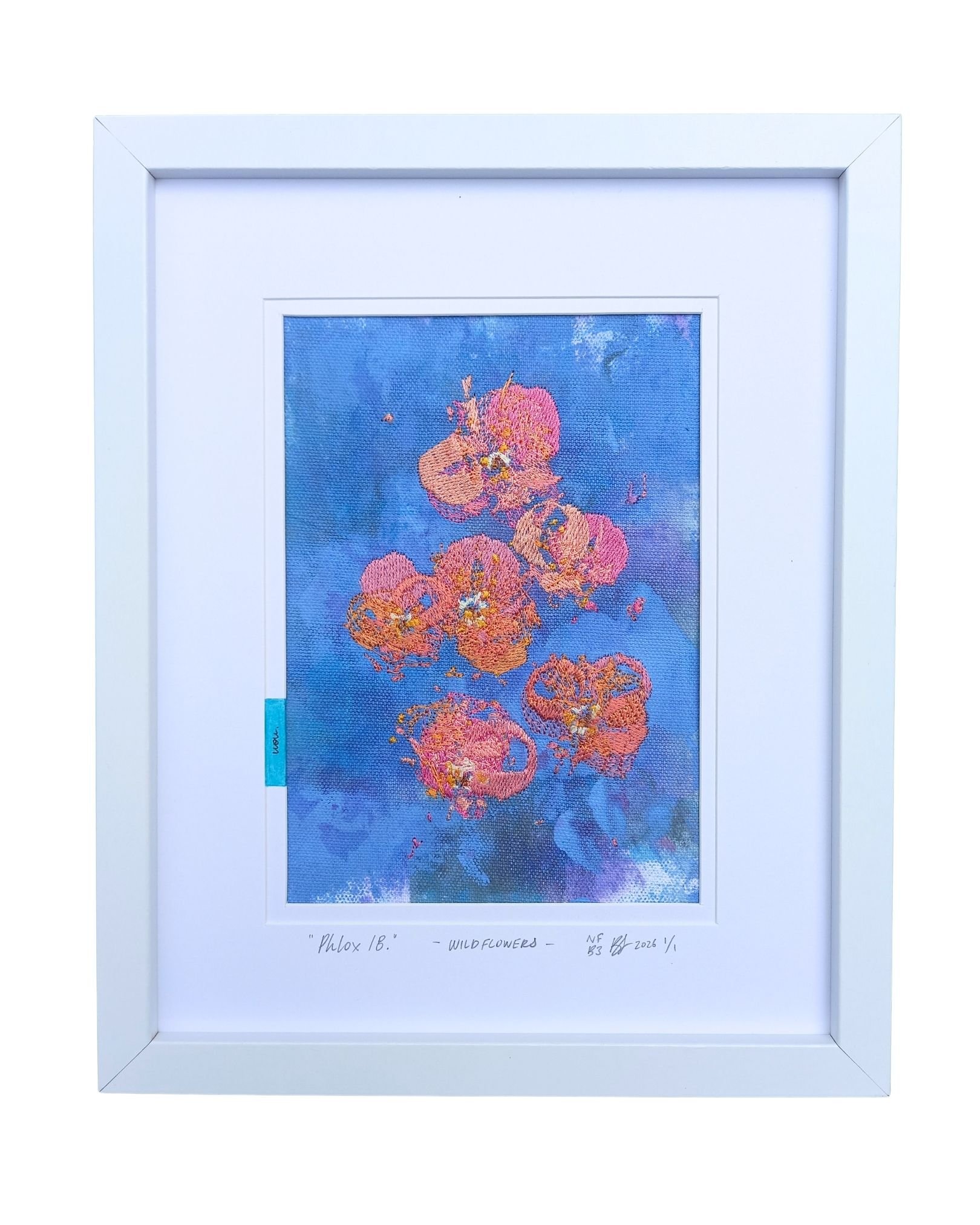 " Phlox 18 " - WILDFLOWERS.
not forgotten series / bloom three. 2026.
Acrylic paint, ink & embroidery on cotton. 225 mm x 275 mm
Edition 1/1 
$100