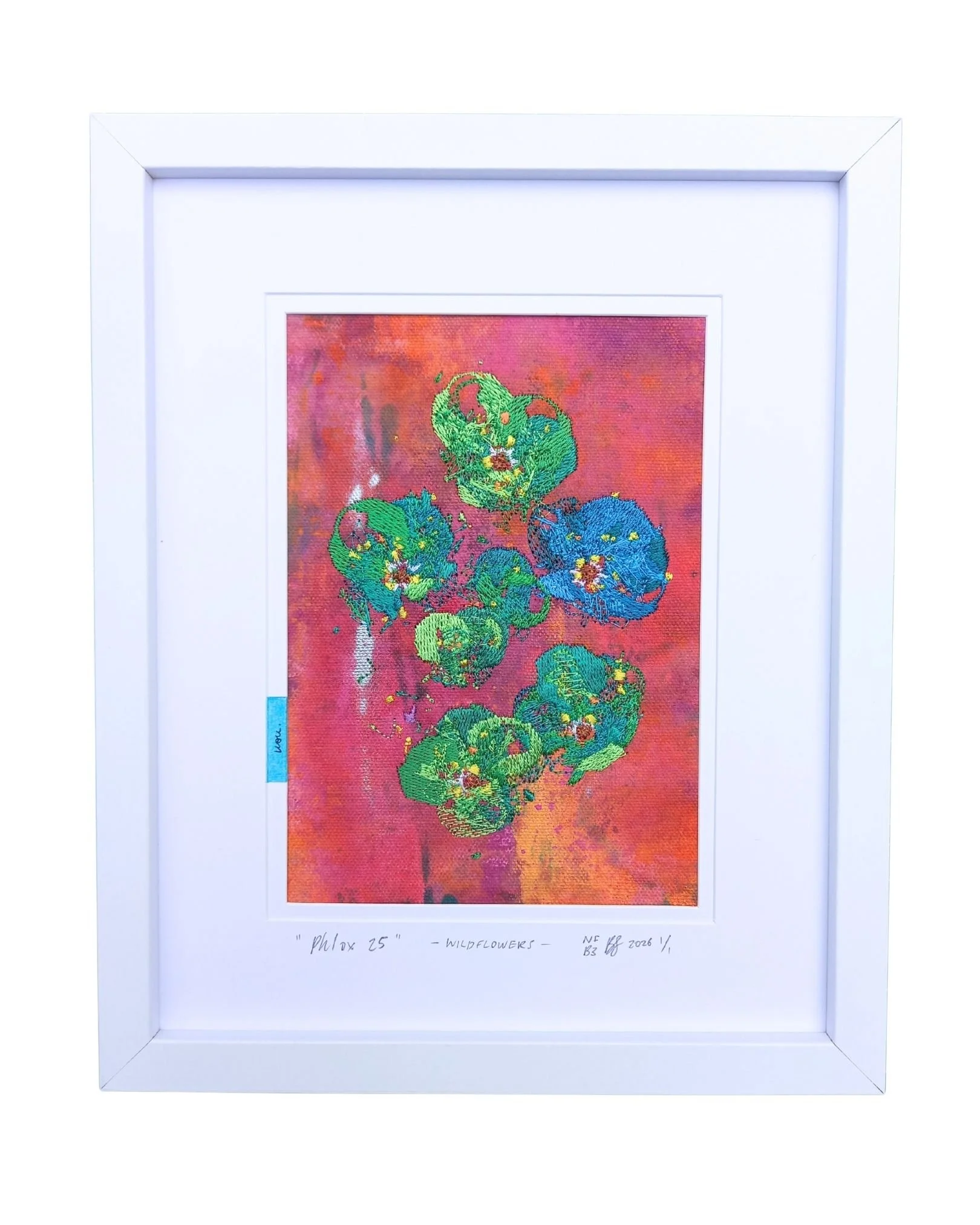 " Phlox 25 " - WILDFLOWERS.
not forgotten series / bloom three. 2026.
Acrylic paint, ink & embroidery on cotton. 225 mm x 275 mm
Edition 1/1 
$100