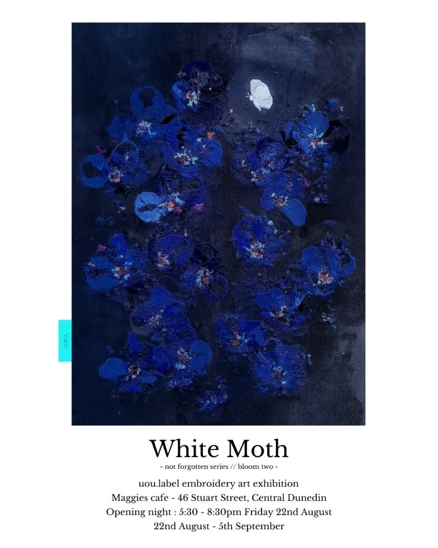 Join me at Maggies next Friday for the opening night of my latest exhibition - White Moth 

uou.label's &quot;not forgotten&quot; series explores past experiences through the symbolism of forget-me-not flowers. 

The latest edition, White Moth, sprea