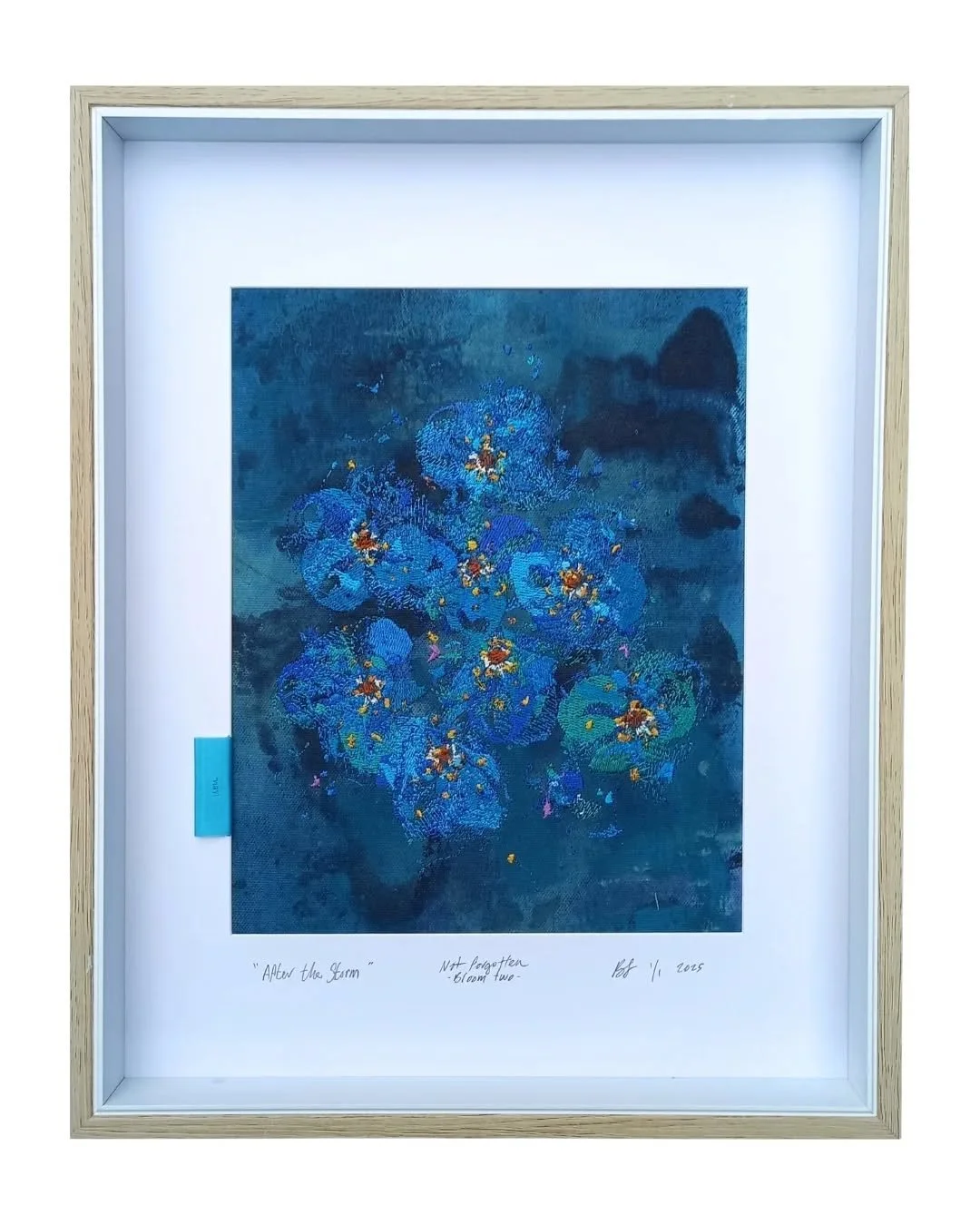 - Not forgotten series // bloom two - 2025. 
Acrylic paint, ink and embroidery on cotton.
295 x 370 mm
All works are 1/1 editions.

Slide 1 - "after the storm" - sold. 
Slide 2 - "twelve roses" - sold. 
Slide 3 - "bird of par