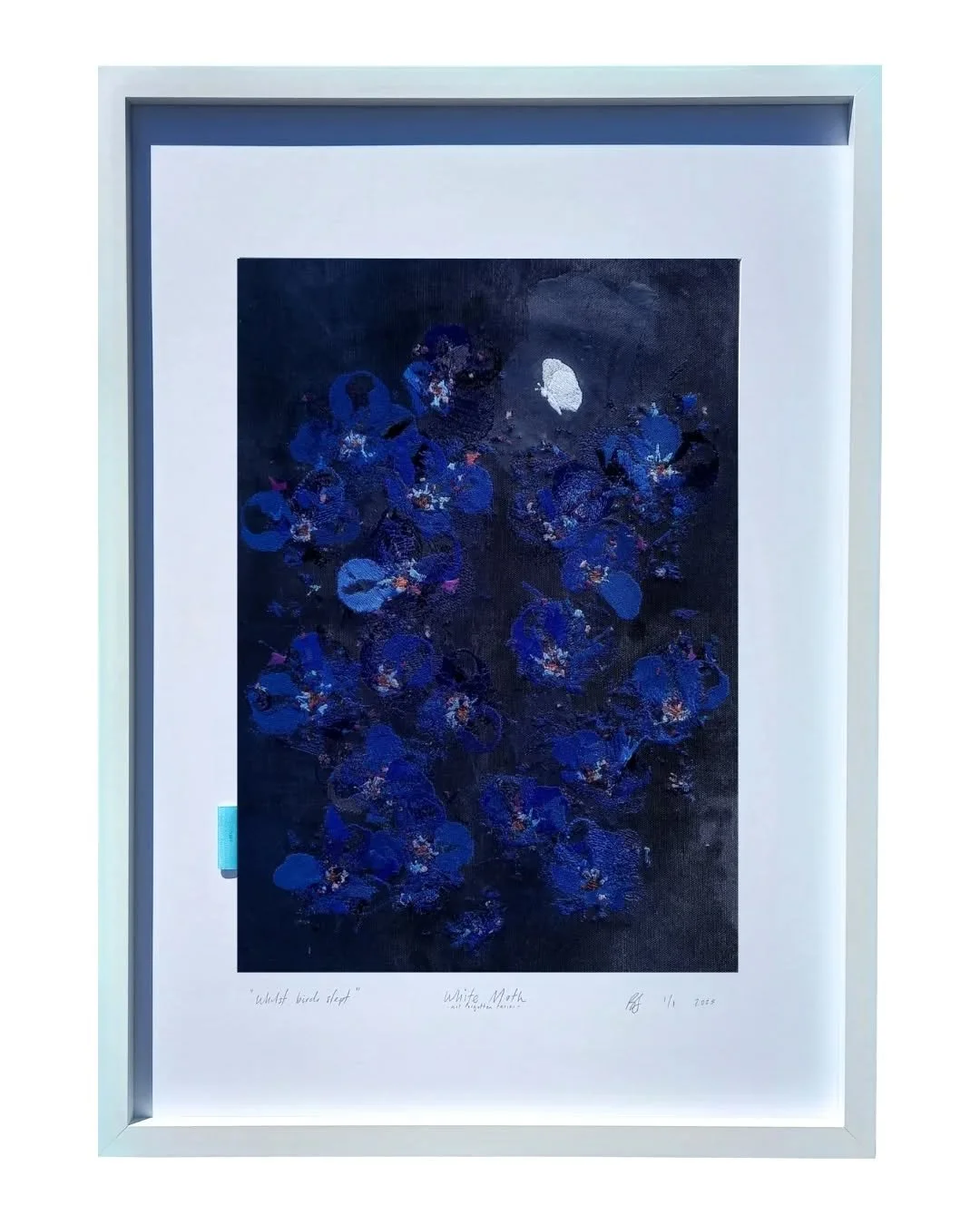 White Moth - not forgotten series // bloom two - 2025.
Ink, acrylic paint and embroidery on cotton.
446 x 662 mm. 
All works are 1/1 editions. 

Slide 1 - "Whilst birds slept" - sold. 
Slide 2 - "The flower blossomed" - sold.
Slid