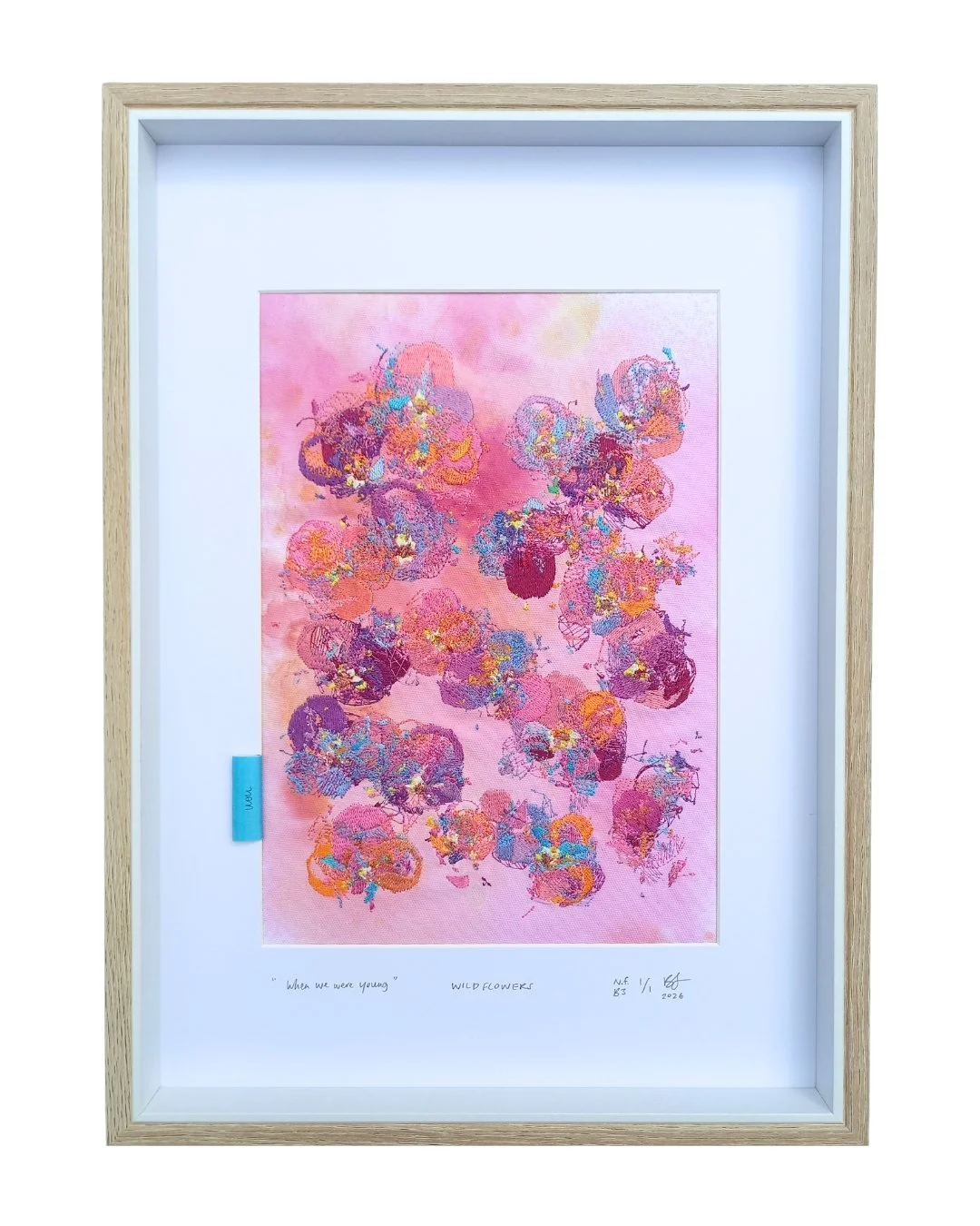 “When we were young” -
 WILDFLOWERS -
 not forgotten series / bloom three. 2026.
 Ink, cotton & polyester embroidery on cotton.
 Glass framed - 450 mm x 330 mm.
 Edition 1/1.
 $450.