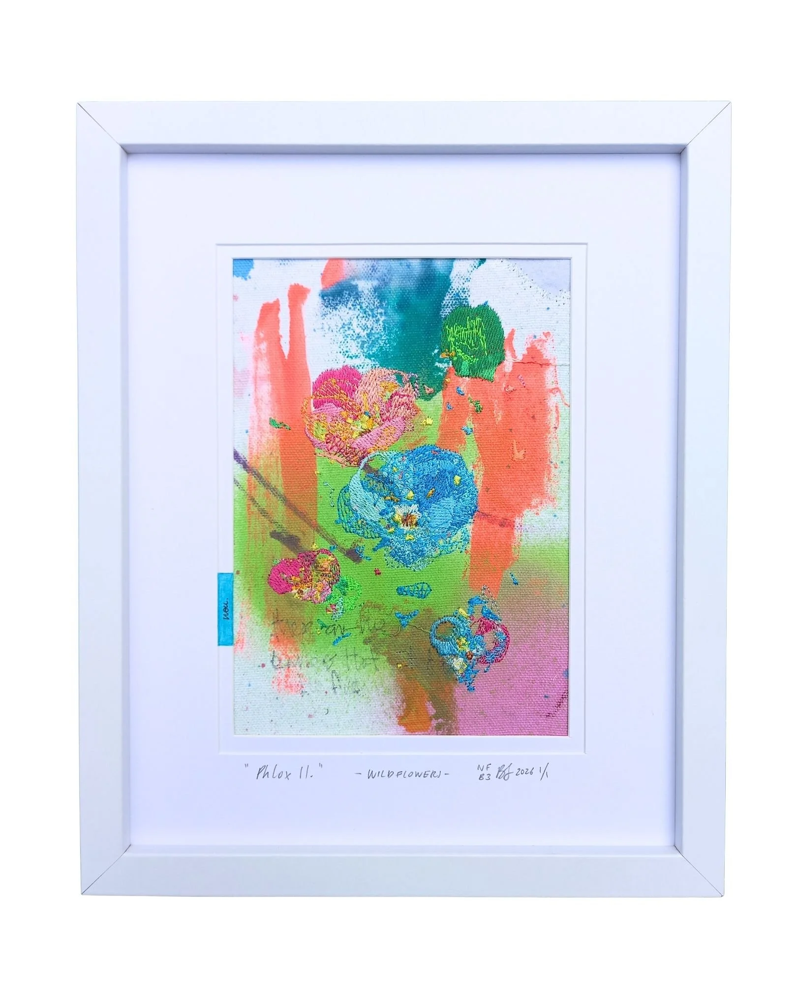 " Phlox 11 " - WILDFLOWERS.
not forgotten series / bloom three. 2026.
Acrylic paint, ink & embroidery on cotton. 225 mm x 275 mm
Edition 1/1 
$100