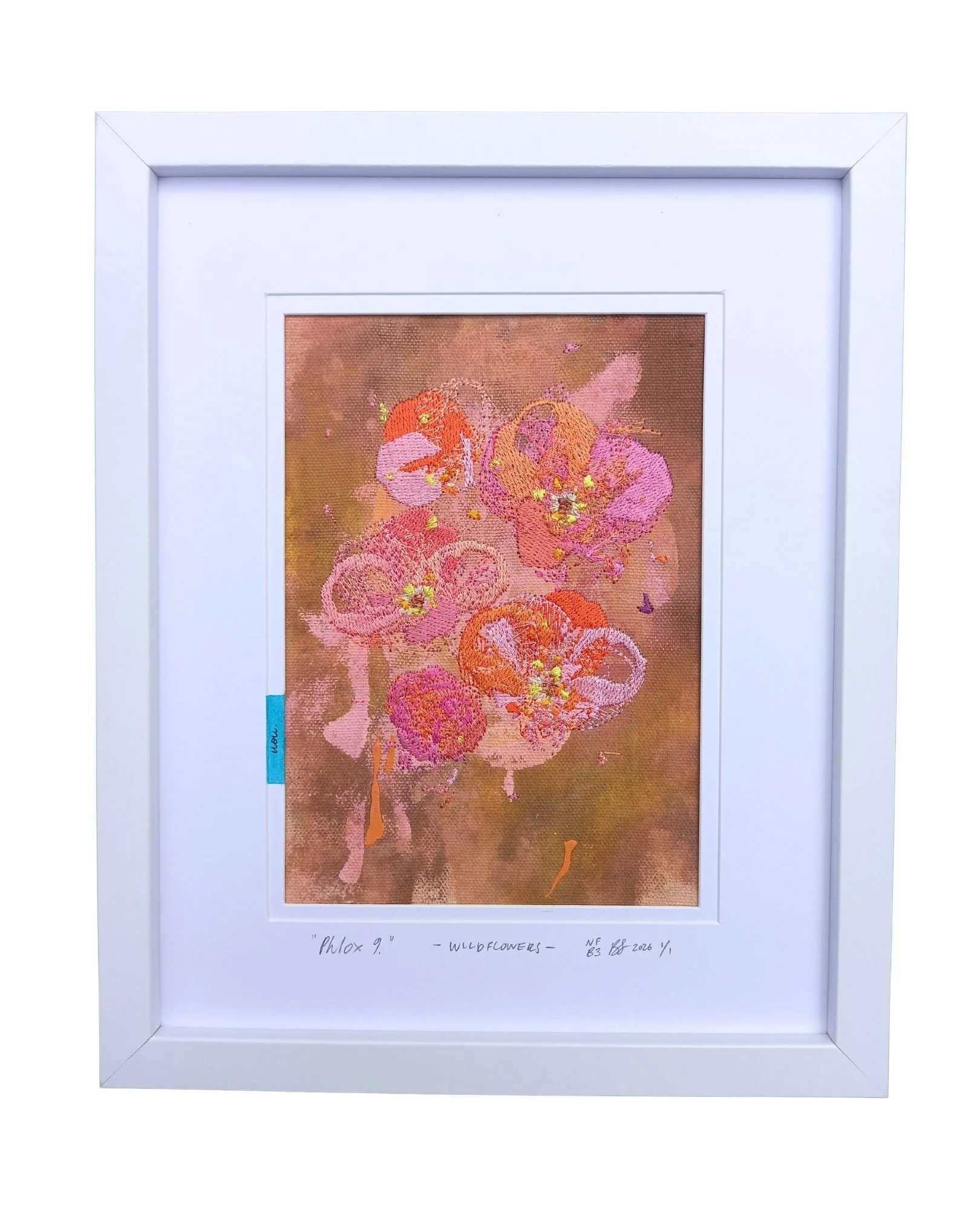 " Phlox 9 " - WILDFLOWERS.
not forgotten series / bloom three. 2026.
Acrylic paint, ink & embroidery on cotton. 225 mm x 275 mm
Edition 1/1 
$100