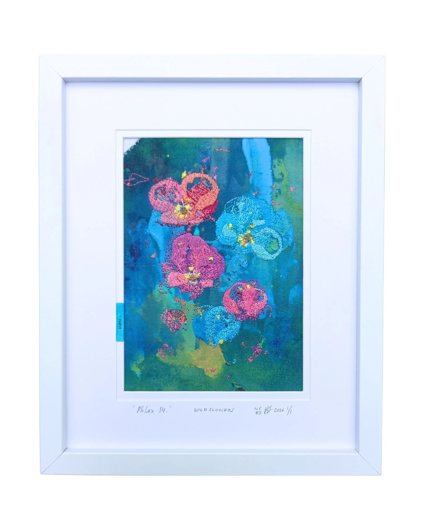" Phlox 14 " - WILDFLOWERS.
not forgotten series / bloom three. 2026.
Acrylic paint, ink & embroidery on cotton. 225 mm x 275 mm
Edition 1/1 
$100