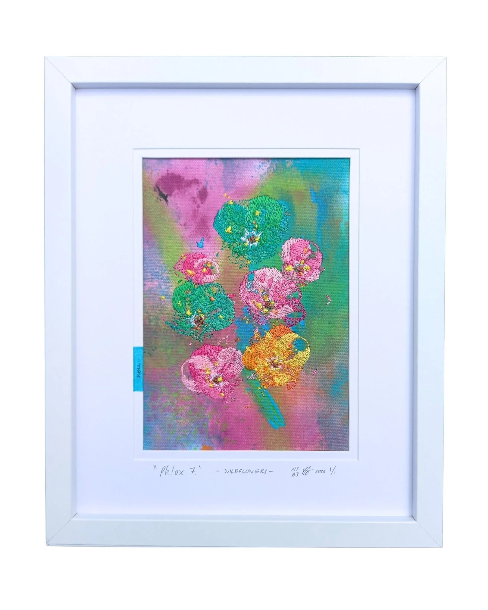 " Phlox 7 " - WILDFLOWERS.
not forgotten series / bloom three. 2026.
Acrylic paint, ink & embroidery on cotton. 225 mm x 275 mm
Edition 1/1 
$100