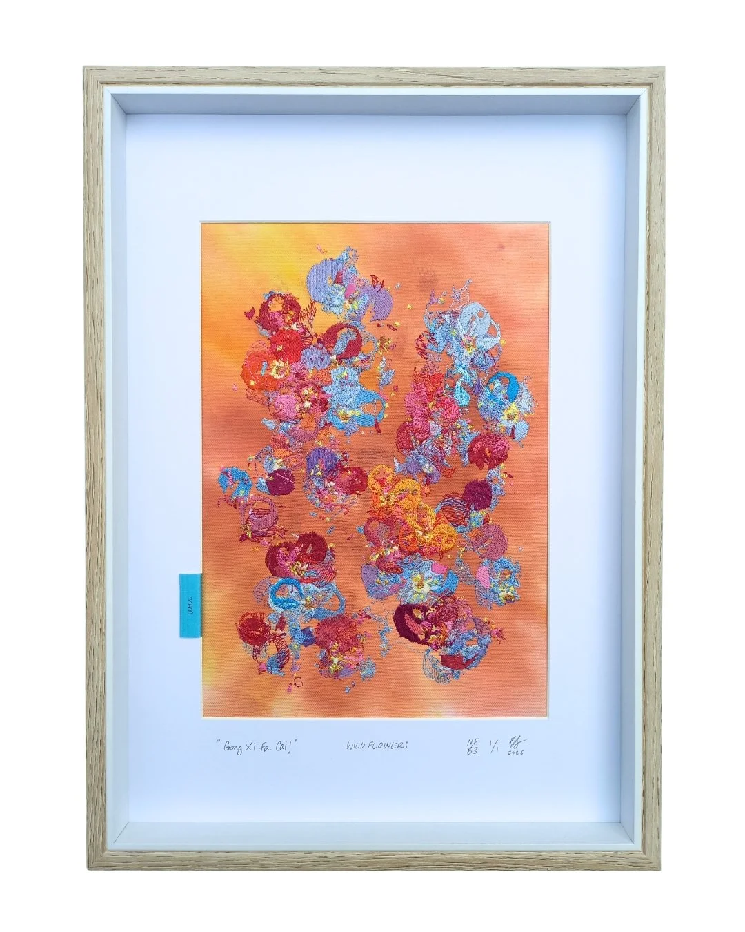 “Gong Xi Fa Cai!” -
 WILDFLOWERS -
 not forgotten series / bloom three. 2026.
 Ink, cotton & polyester embroidery on cotton.
 Glass framed - 450 mm x 330 mm.
 Edition 1/1.
 $450.