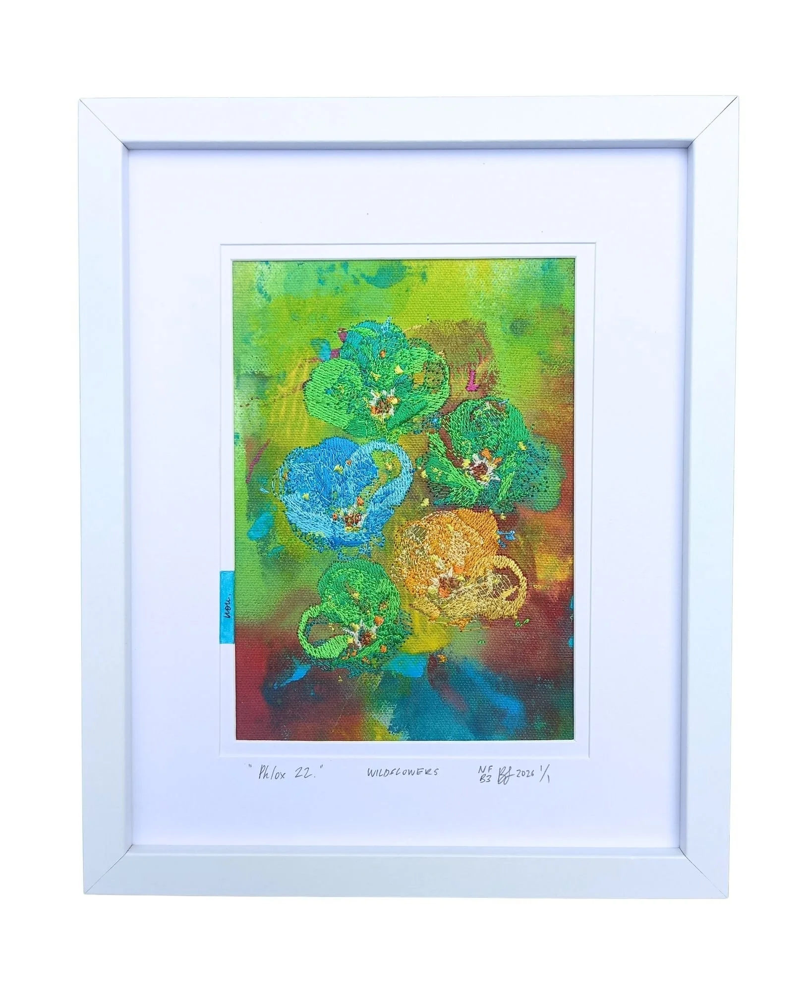 " Phlox 22 " - WILDFLOWERS.
not forgotten series / bloom three. 2026.
Acrylic paint, ink & embroidery on cotton. 225 mm x 275 mm
Edition 1/1 
$100