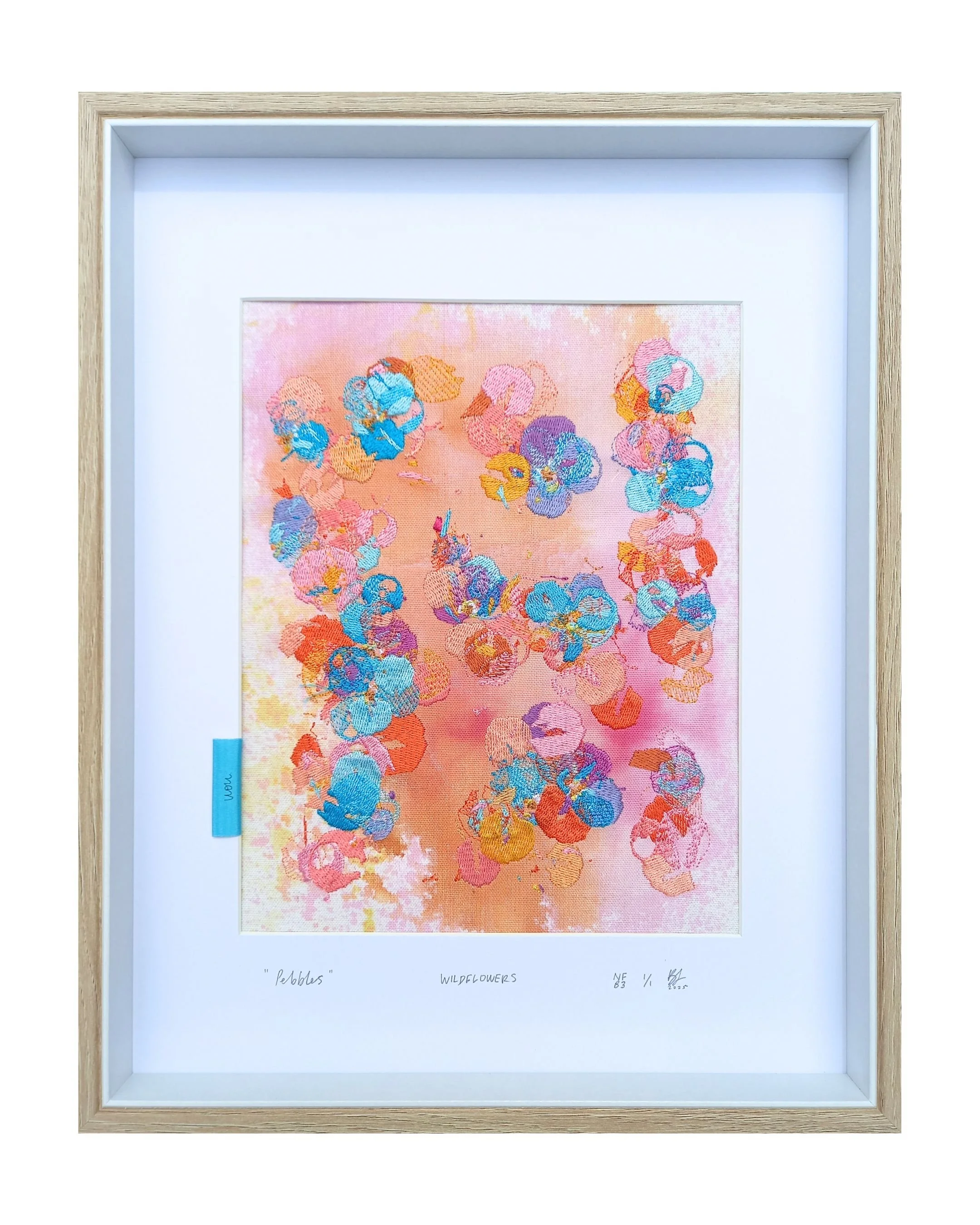 “ Pebbles ” -
 WILDFLOWERS -
 not forgotten series / bloom three. 2025.
 Ink & embroidery on cotton.
 Glass framed - 370 mm x 300 mm.
 Edition 1/1. SOLD.