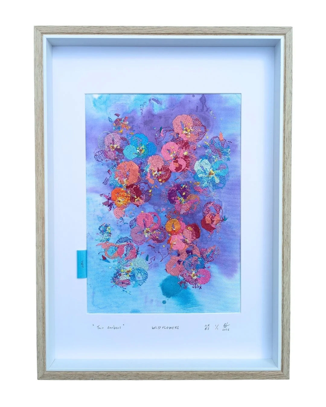 “Two Embers” -
 WILDFLOWERS -
 not forgotten series / bloom three. 2026.
 Ink, cotton & polyester embroidery on cotton.
 Glass framed - 450 mm x 330 mm.
 Edition 1/1.
 $450.