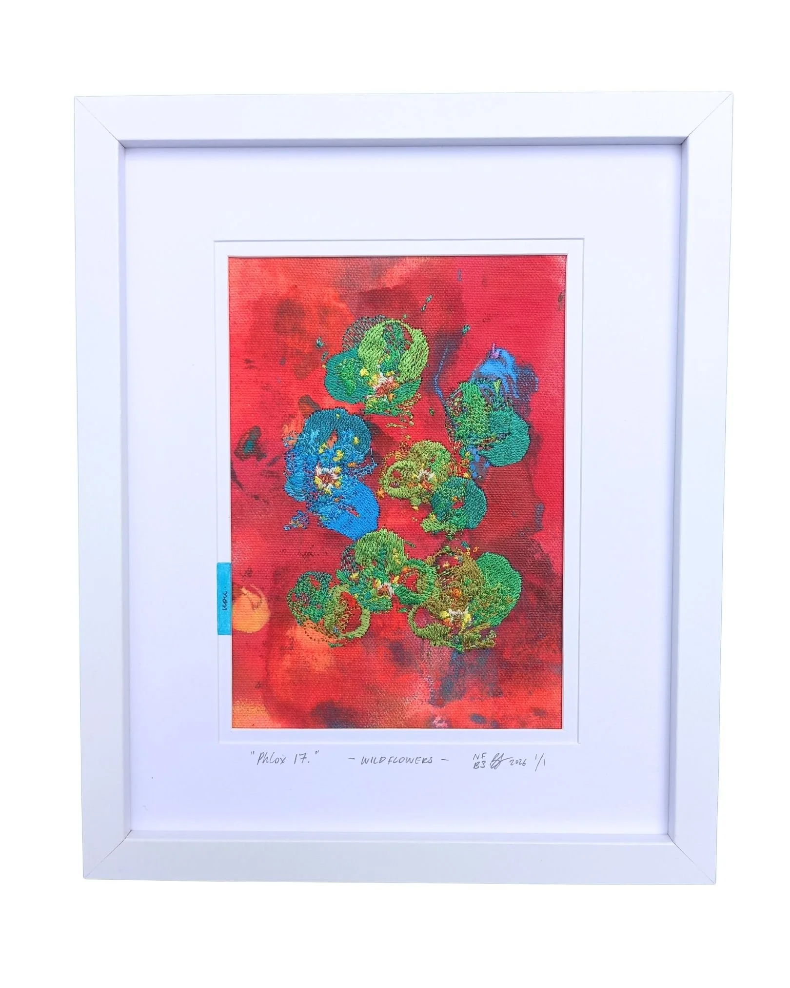" Phlox 17 " - WILDFLOWERS.
not forgotten series / bloom three. 2026.
Acrylic paint, ink & embroidery on cotton. 225 mm x 275 mm
Edition 1/1 
$100