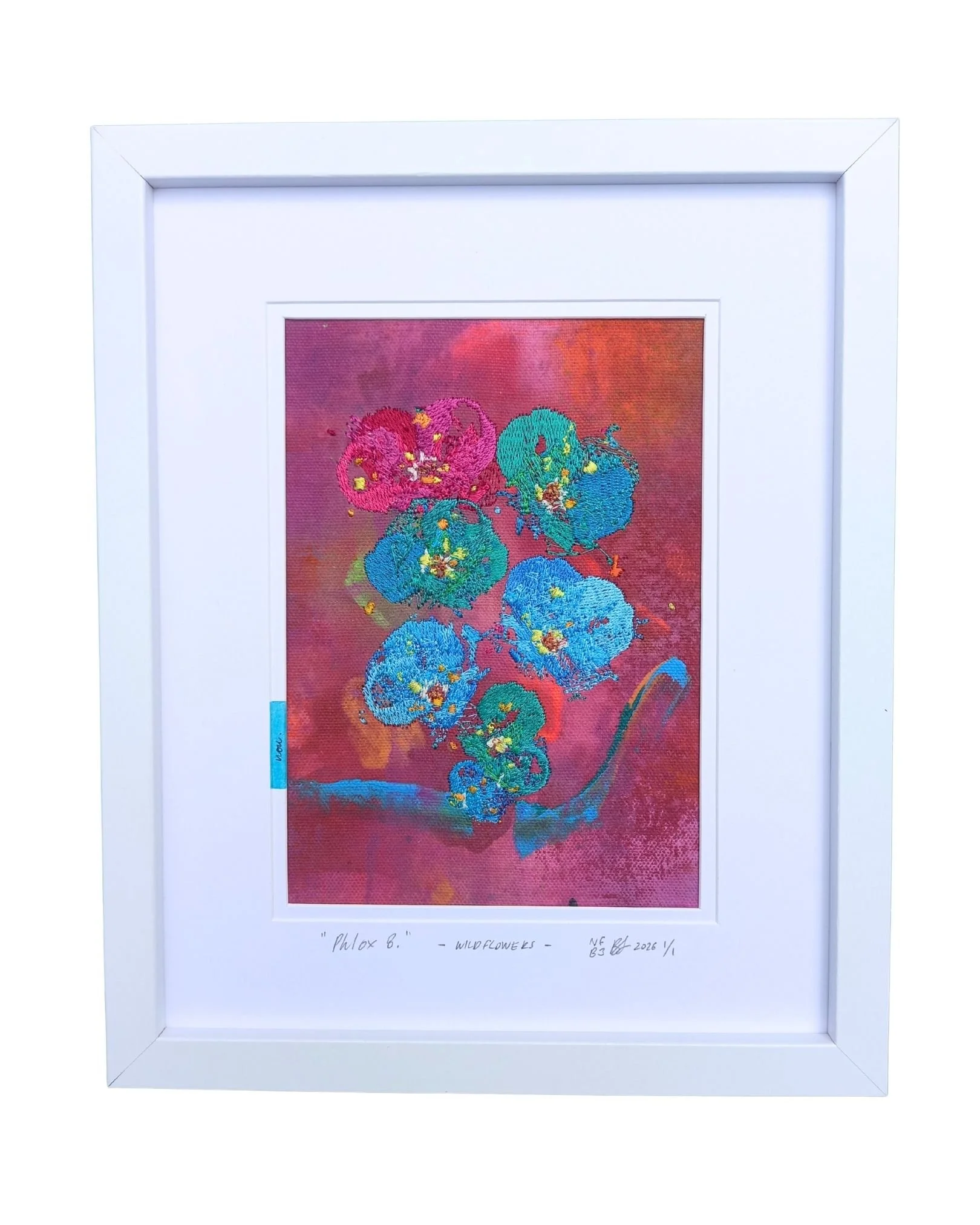 " Phlox 8 " - WILDFLOWERS.
not forgotten series / bloom three. 2026.
Acrylic paint, ink & embroidery on cotton. 225 mm x 275 mm
Edition 1/1 
$100