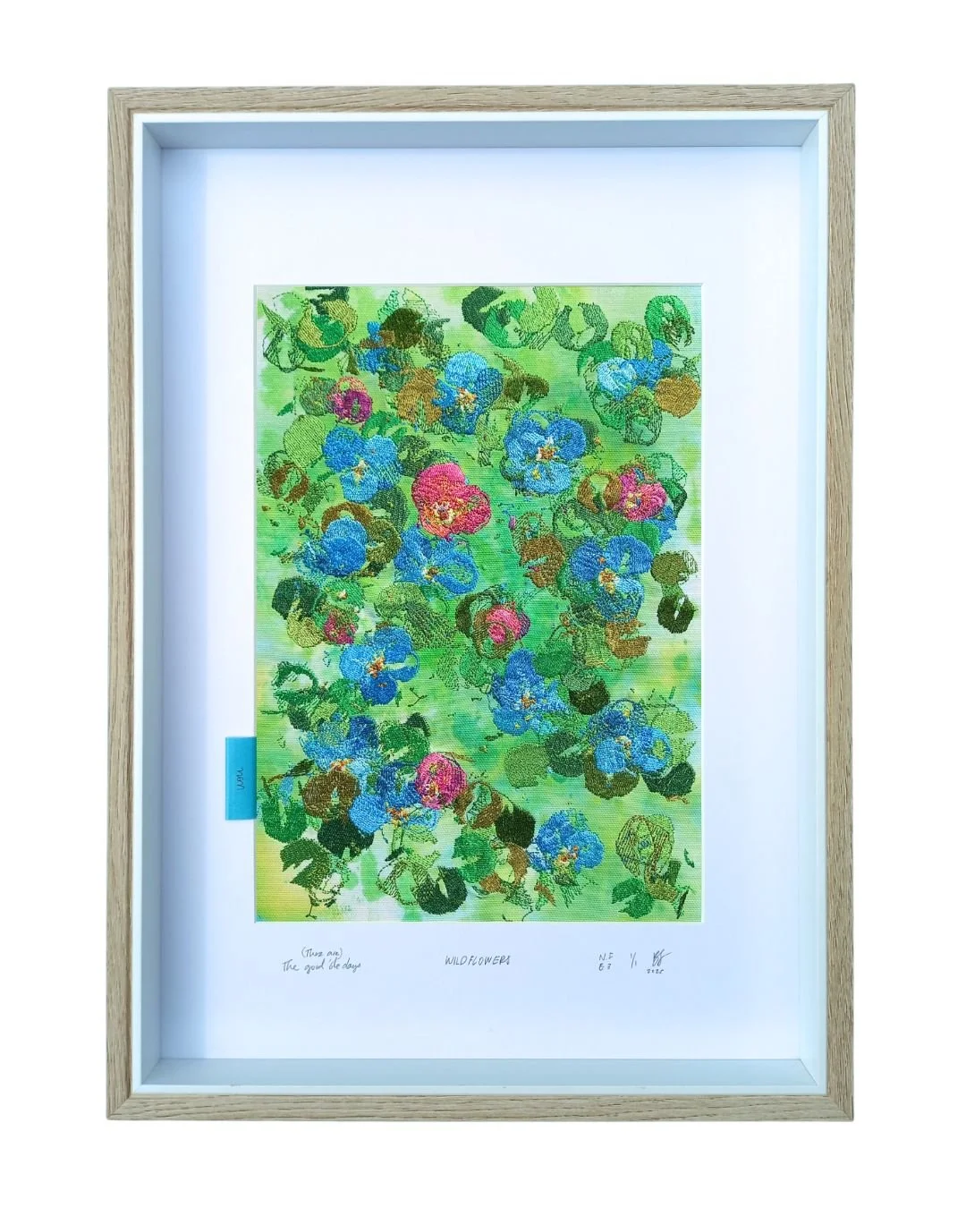 “(these are) the good ole days” -
 WILDFLOWERS -
 not forgotten series / bloom three. 2025.
 Ink, cotton & polyester embroidery on cotton.
 Glass framed - 450 mm x 330 mm.
 Edition 1/1.
$450