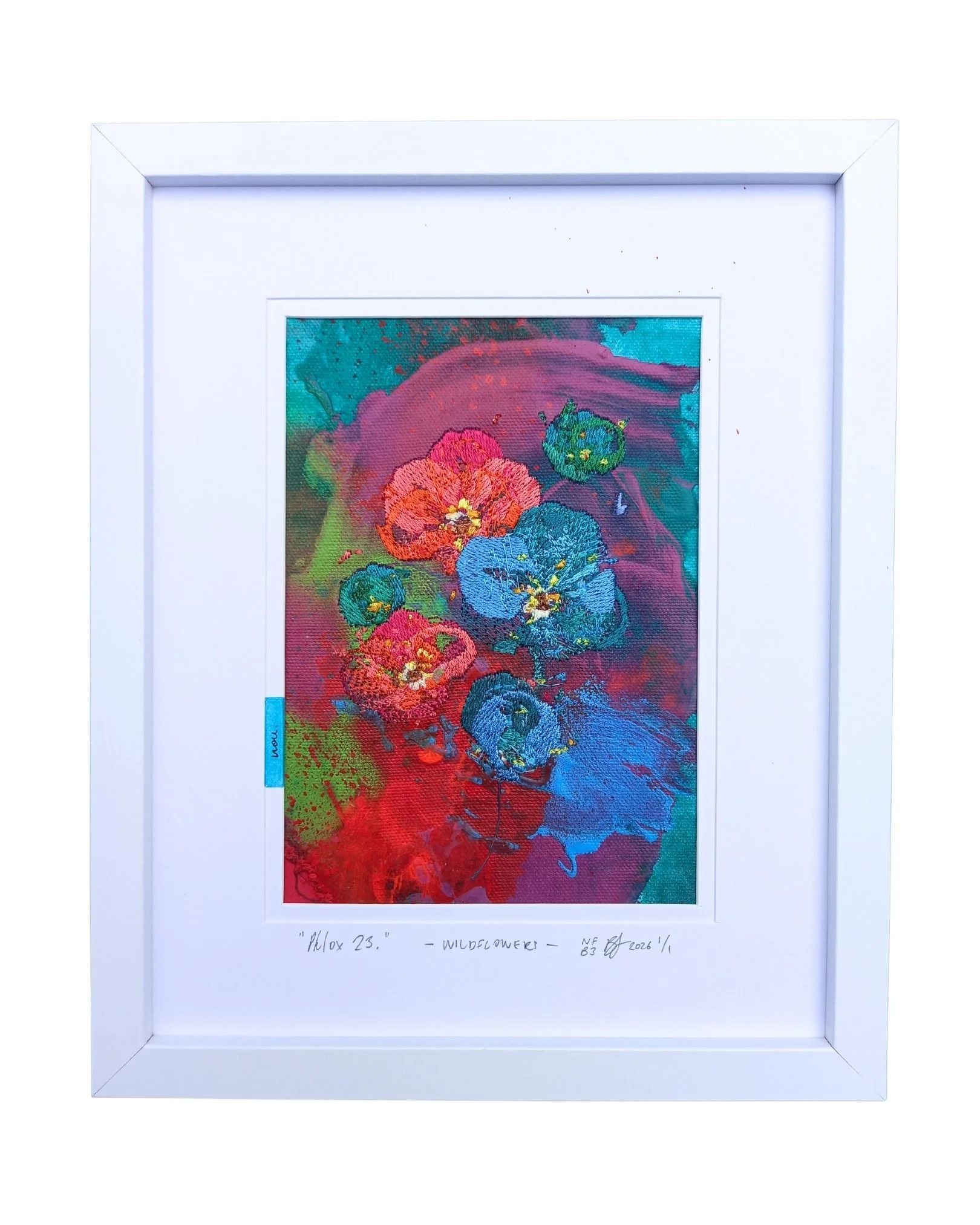 " Phlox 23 " - WILDFLOWERS.
not forgotten series / bloom three. 2026.
Acrylic paint, ink & embroidery on cotton. 225 mm x 275 mm
Edition 1/1 
$100
