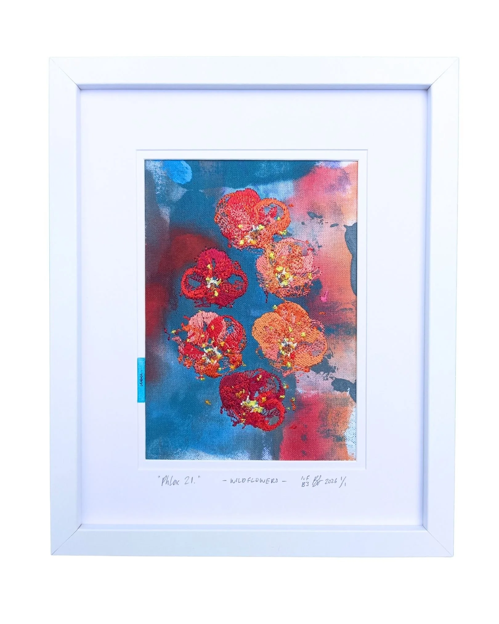 " Phlox 21 " - WILDFLOWERS.
not forgotten series / bloom three. 2026.
Acrylic paint, ink & embroidery on cotton. 225 mm x 275 mm
Edition 1/1 
$100