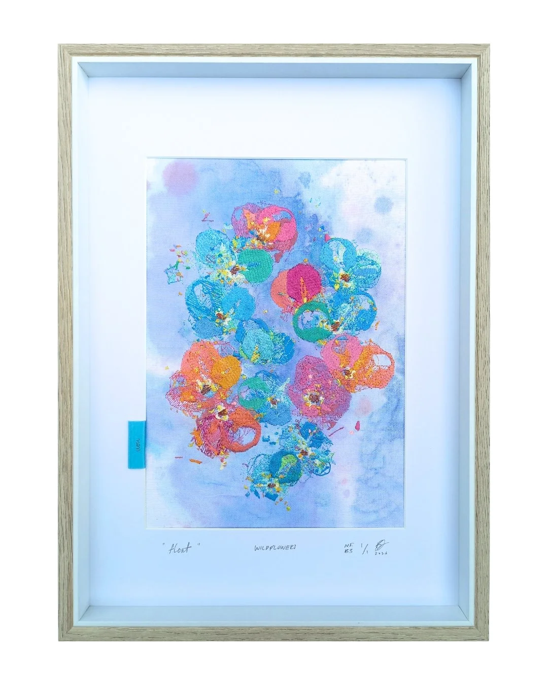 “Float” -
 WILDFLOWERS -
 not forgotten series / bloom three. 2026.
 Ink, cotton & polyester embroidery on cotton.
 Glass framed - 450 mm x 330 mm.
 Edition 1/1.
 $450.
