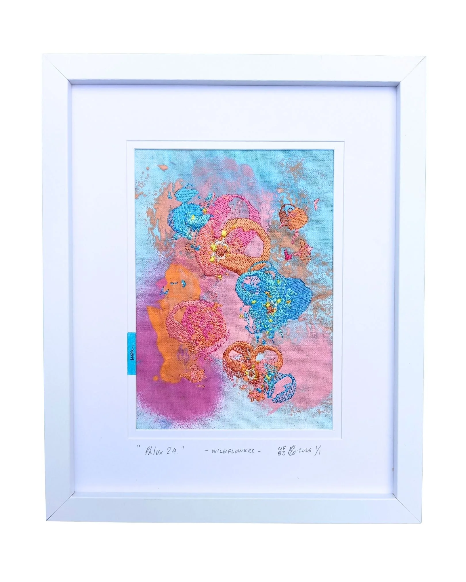 " Phlox 24 " - WILDFLOWERS.
not forgotten series / bloom three. 2026.
Acrylic paint, ink & embroidery on cotton. 225 mm x 275 mm
Edition 1/1 
$100