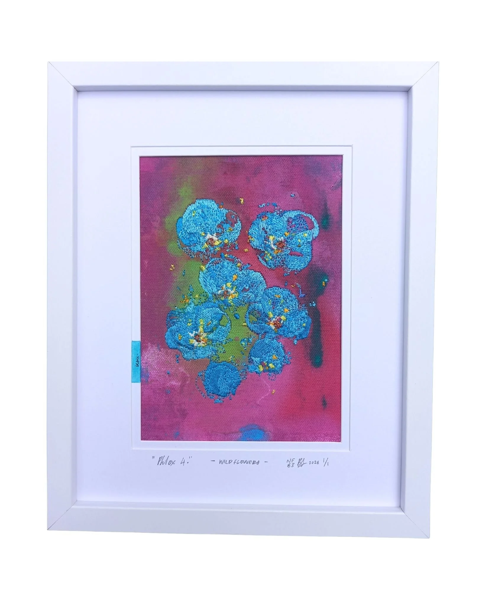 " Phlox 4 " - WILDFLOWERS.
not forgotten series / bloom three. 2026.
Acrylic paint, ink & embroidery on cotton. 225 mm x 275 mm
Edition 1/1 
$100