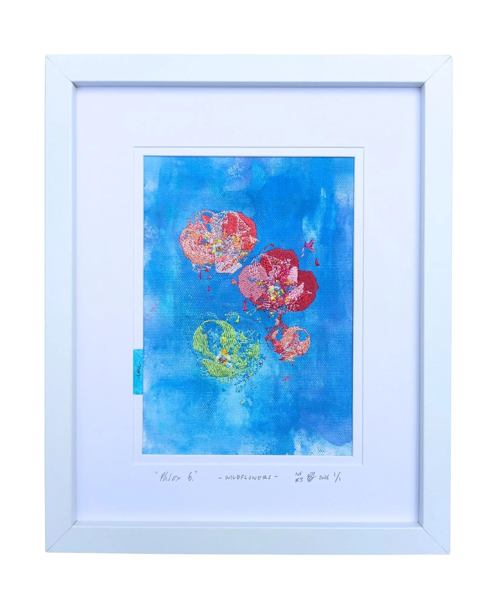 " Phlox 6 " - WILDFLOWERS.
not forgotten series / bloom three. 2026.
Acrylic paint, ink & embroidery on cotton. 225 mm x 275 mm
Edition 1/1 
$100
