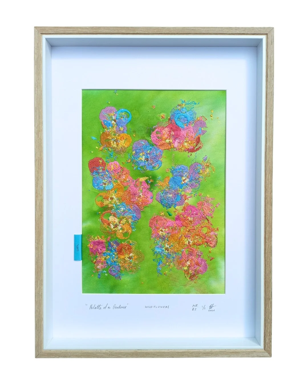 “Palette of a Gardener” -
 WILDFLOWERS -
 not forgotten series / bloom three. 2026.
 Ink, cotton & polyester embroidery on cotton.
 Glass framed - 450 mm x 330 mm.
 Edition 1/1.
 $450.