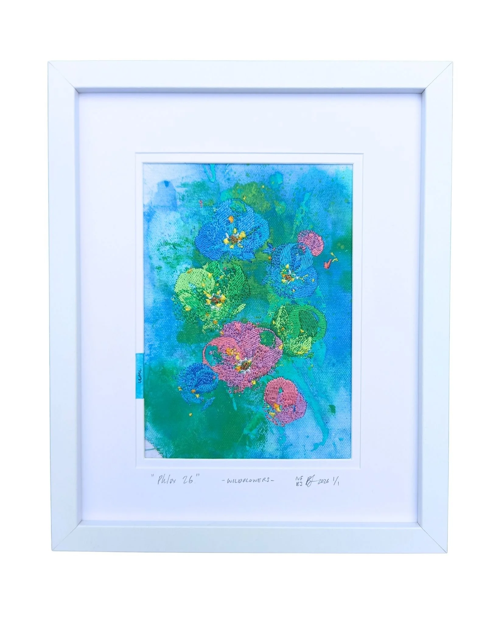 " Phlox 26 " - WILDFLOWERS.
not forgotten series / bloom three. 2026.
Acrylic paint, ink & embroidery on cotton. 225 mm x 275 mm
Edition 1/1 
$100
