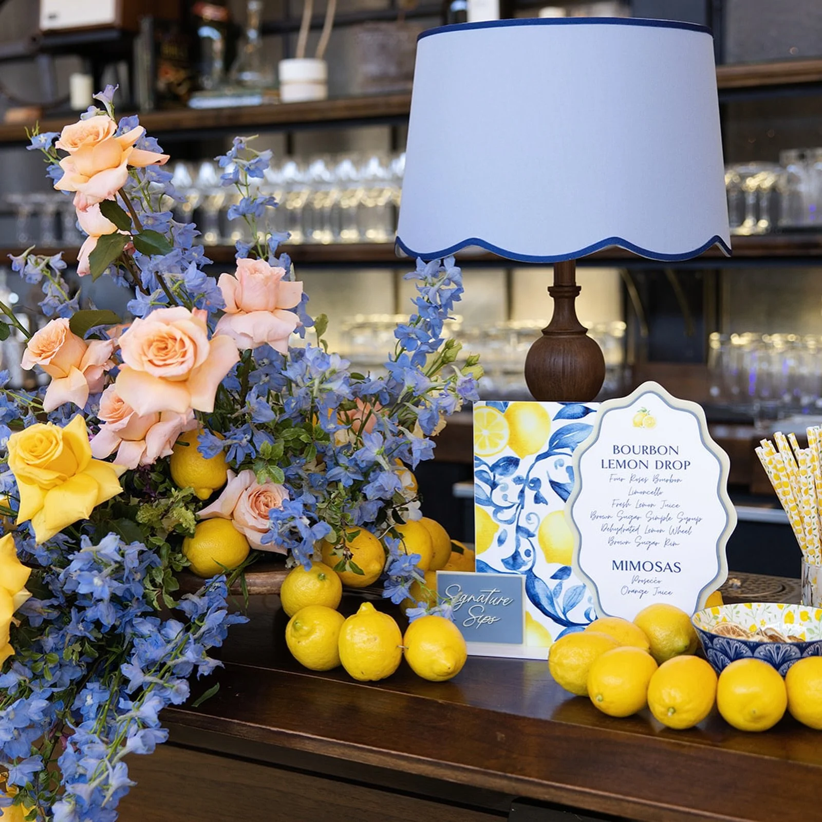 When designing an event, the bar is one detail I never overlook. It&rsquo;s where guests naturally gather, mingle, and make memories. So why not make it an experience of its own?

From the custom bar menu and scalloped-edge lamp shade to the lemon ga