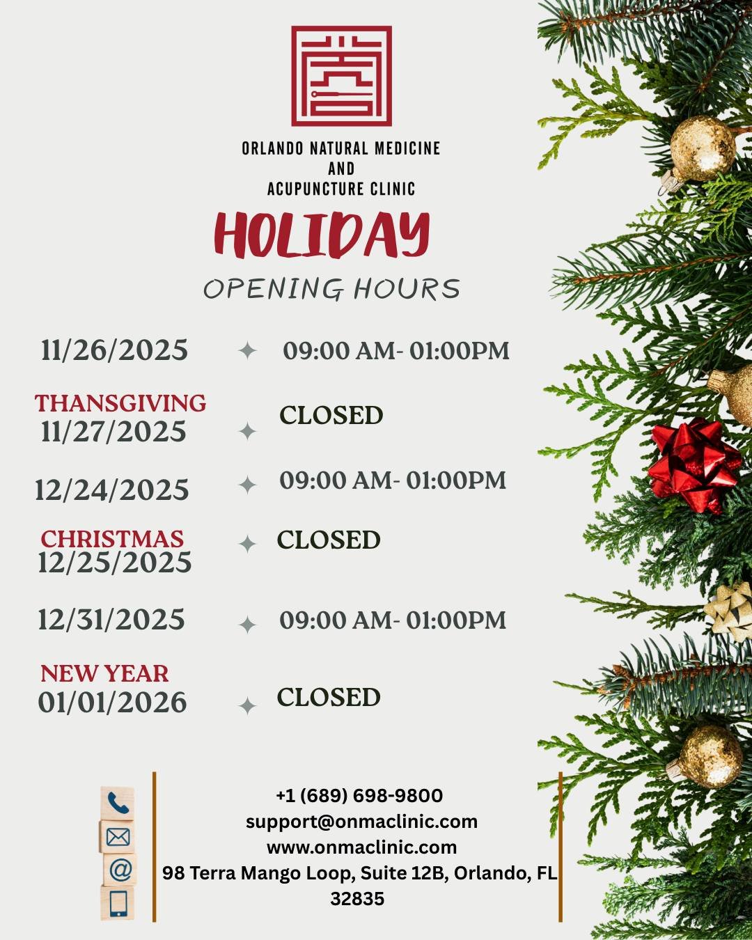 Dear patients, we&rsquo;ll be on a special holiday schedule for the next few weeks. Thank you for planning your visits ahead and for letting us be part of your wellness journey. Happy Holidays!
Contact us
📱 Phone: +1 (689) 698-9800
✉️ Email: support