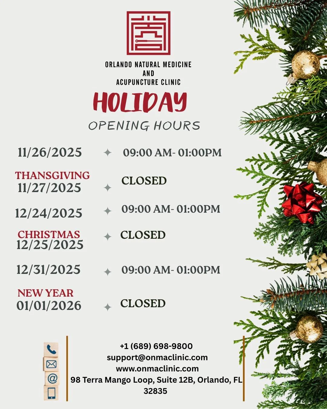 Dear patients, we&rsquo;ll be on a special holiday schedule for the next few weeks. Thank you for planning your visits ahead and for letting us be part of your wellness journey. Happy Holidays!
Contact us
📱 Phone: +1 (689) 698-9800
✉️ Email: support