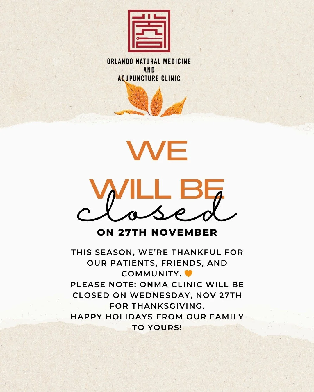 On Thursday, November 27th, we&rsquo;ll be closed for Thanksgiving. Thank you for your understanding and for letting us be part of your wellness journey. We wish you a peaceful and joyful Thanksgiving! 💛
Contact us
📱 Phone: +1 (689) 698-9800
✉️ Ema