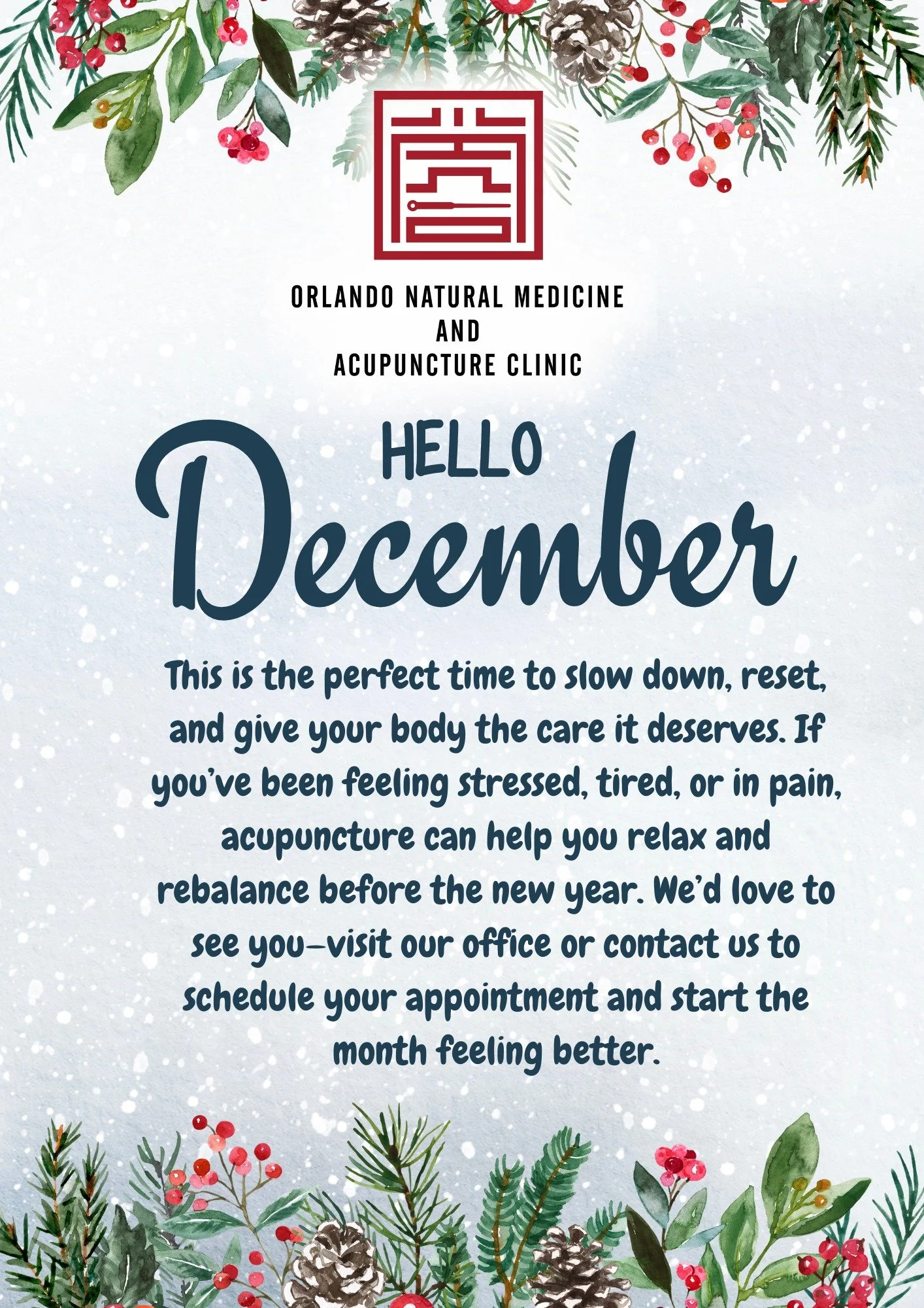 December is here ❄️
It&rsquo;s the perfect time to slow down and give your body some care. If you&rsquo;ve been feeling stressed, tense, or in pain, acupuncture can help you reset and finish the year feeling more balanced and relaxed. We&rsquo;d love