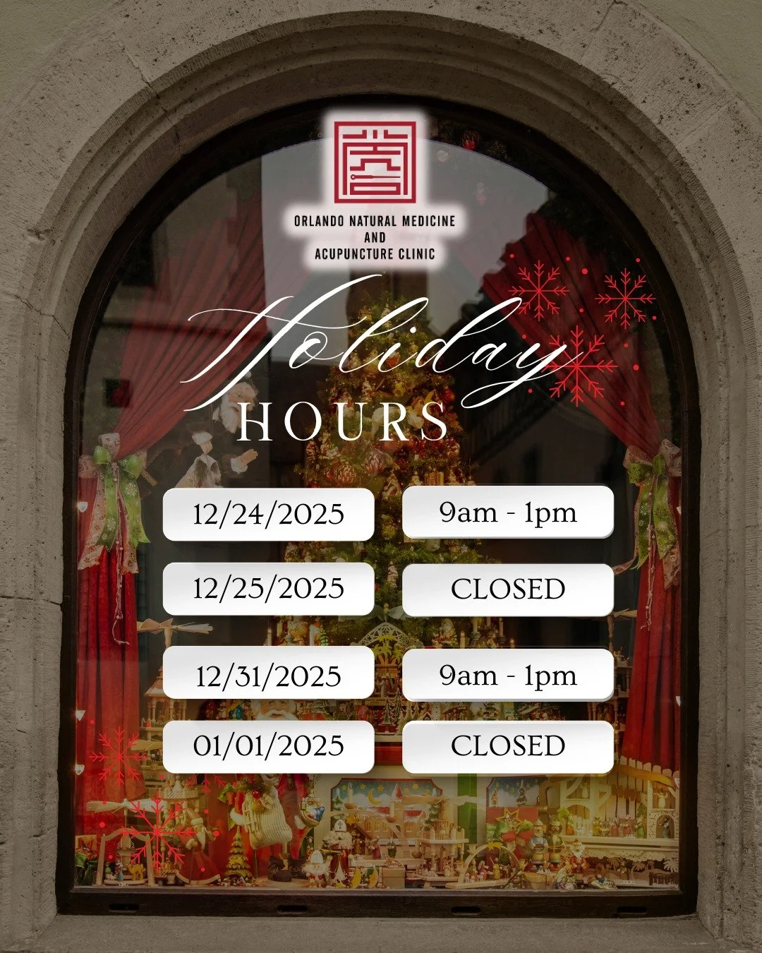 Holiday Schedule Notice: Please note that our clinic will be operating under special holiday hours. We encourage patients to book in advance to secure preferred times. Thank you for your continued support, and we wish you a safe and peaceful holiday 