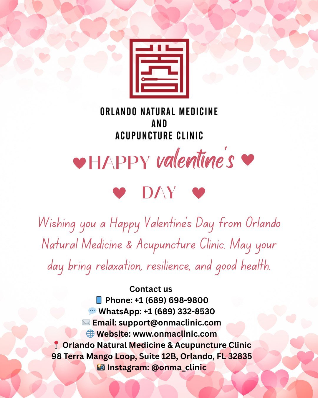 💘 Happy Valentine&rsquo;s Day from ONMA Clinic!
A little reminder: self-care is love. Take a moment today to recharge your body and mind, your wellness deserves it.
Contact us 
📱 Phone: +1 (689) 698-9800
💬 WhatsApp: +1 (689) 332-8530
✉️ Email: sup