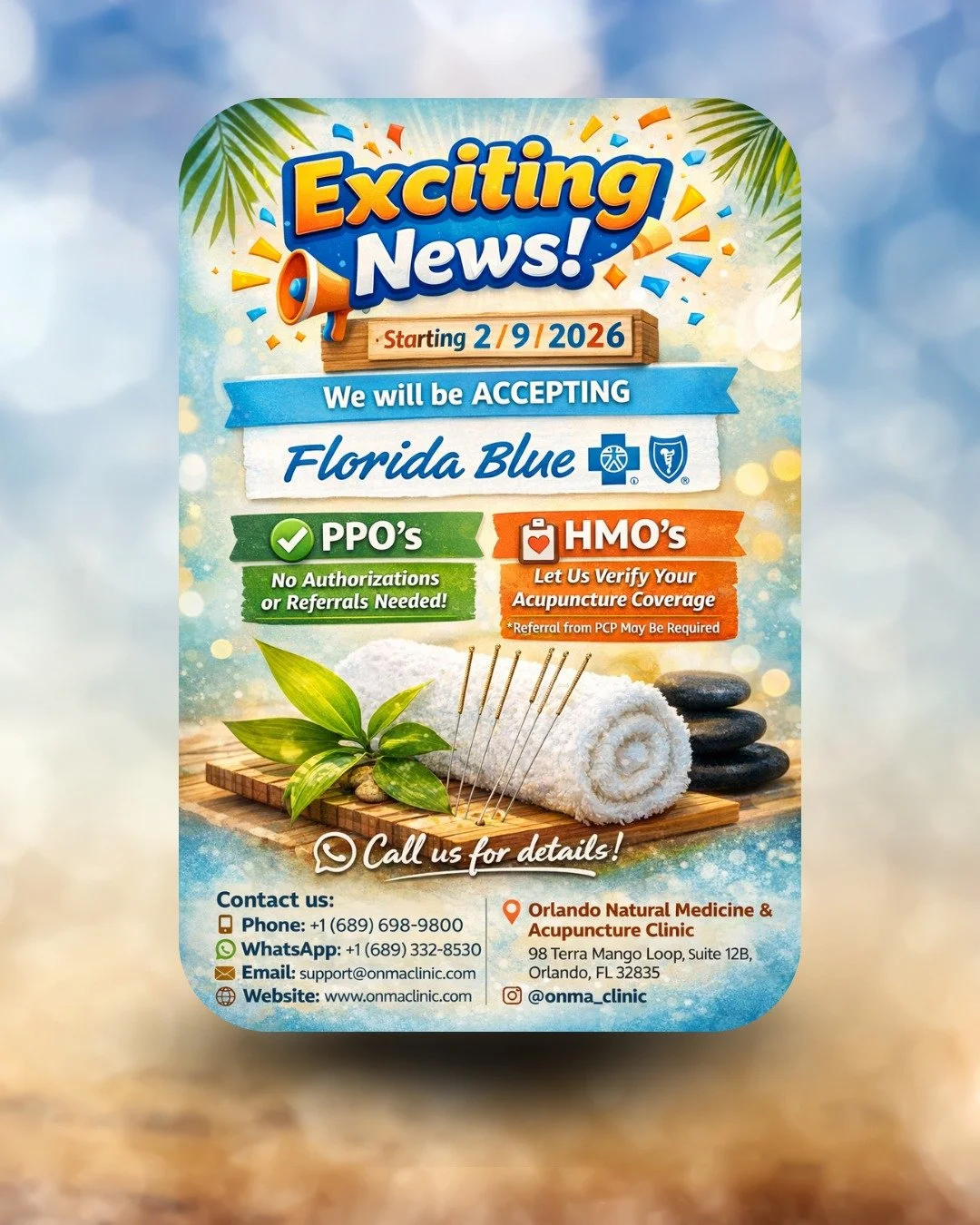 🎉 Exciting News! Starting 02/09/26, Orlando Natural Medicine &amp; Acupuncture Clinic will be accepting BCBS (Florida Blue) patients!

✅ PPO Plans: No referral required
ℹ️ HMO Plans: Please contact us so we can verify your benefits before scheduling