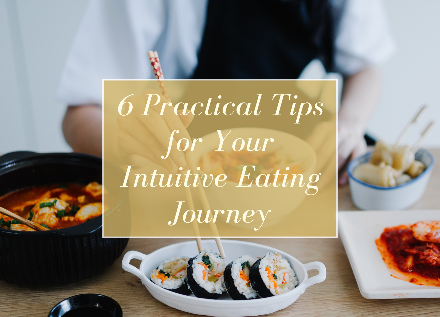 sushi in white bowl with chopsticks with blog title overlaid