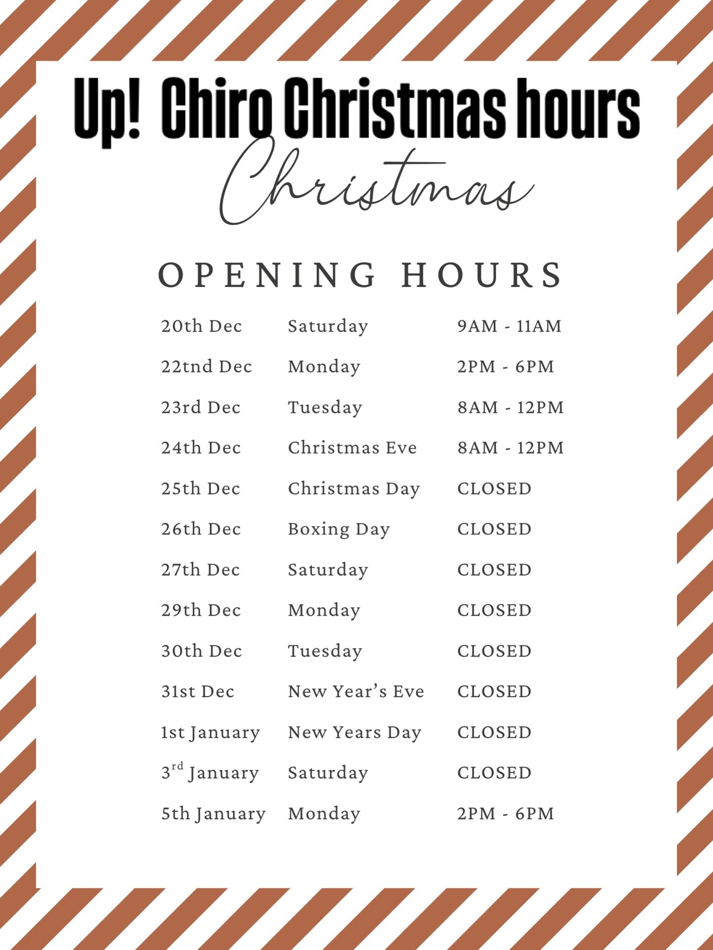 Up! Chiro Christmas hours!
We will be closed from Christmas day though to Sunday 4th January