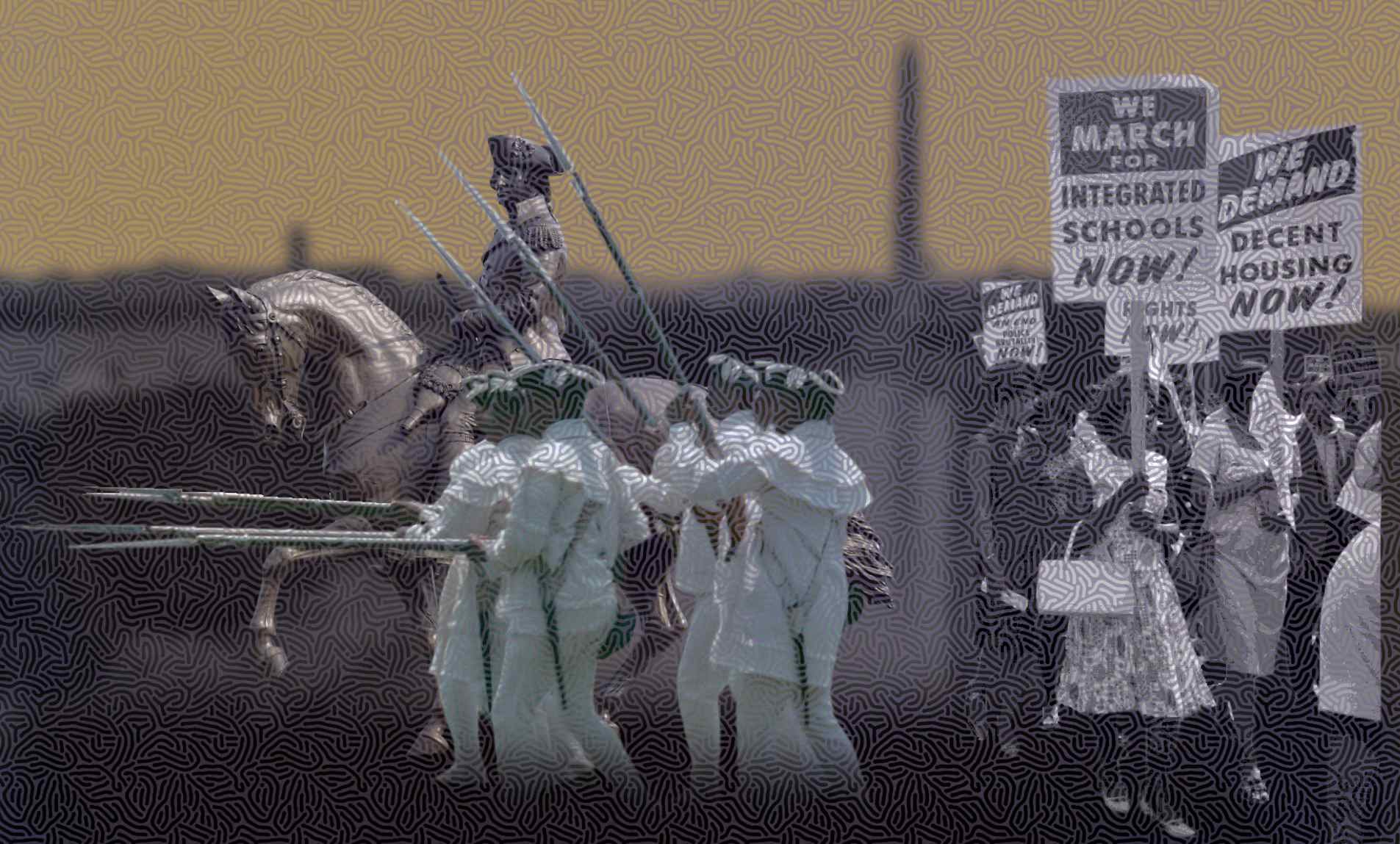 Bakari Historical Service range of themes illustrated by collage of 1776 Black patriot marching with Gen. Washington contrast with Black women marching with protest signs in 1963 March on Washington.