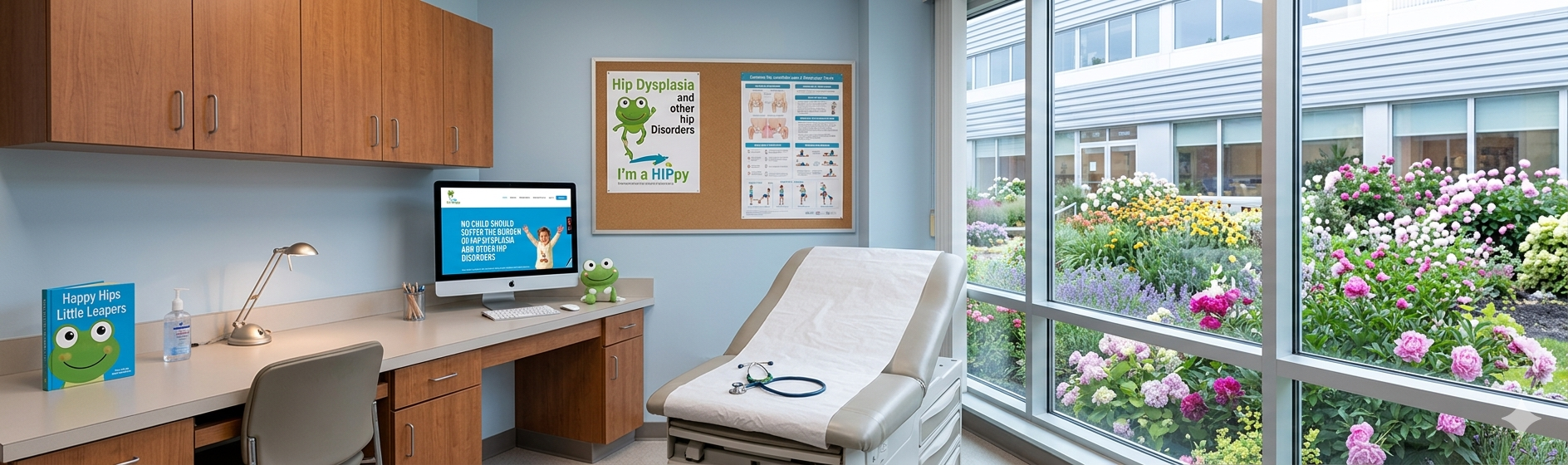 A doctor's office or clinic room with wooden cabinets, a computer, a stethoscope on an examination table, a book titled 'Happy Hips Little Leapers', a hand sanitizer, and colorful flowers visible through large windows.