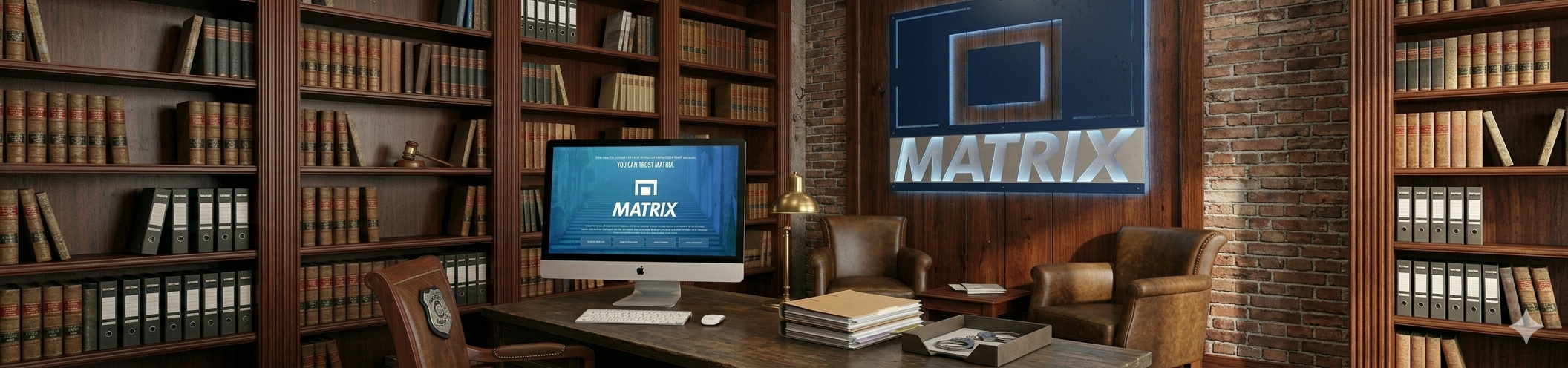 An office room with a large wooden desk, a computer, and bookshelves filled with files and books. There are two leather chairs, a small side table, and a large illuminated Matrix sign on the brick wall.